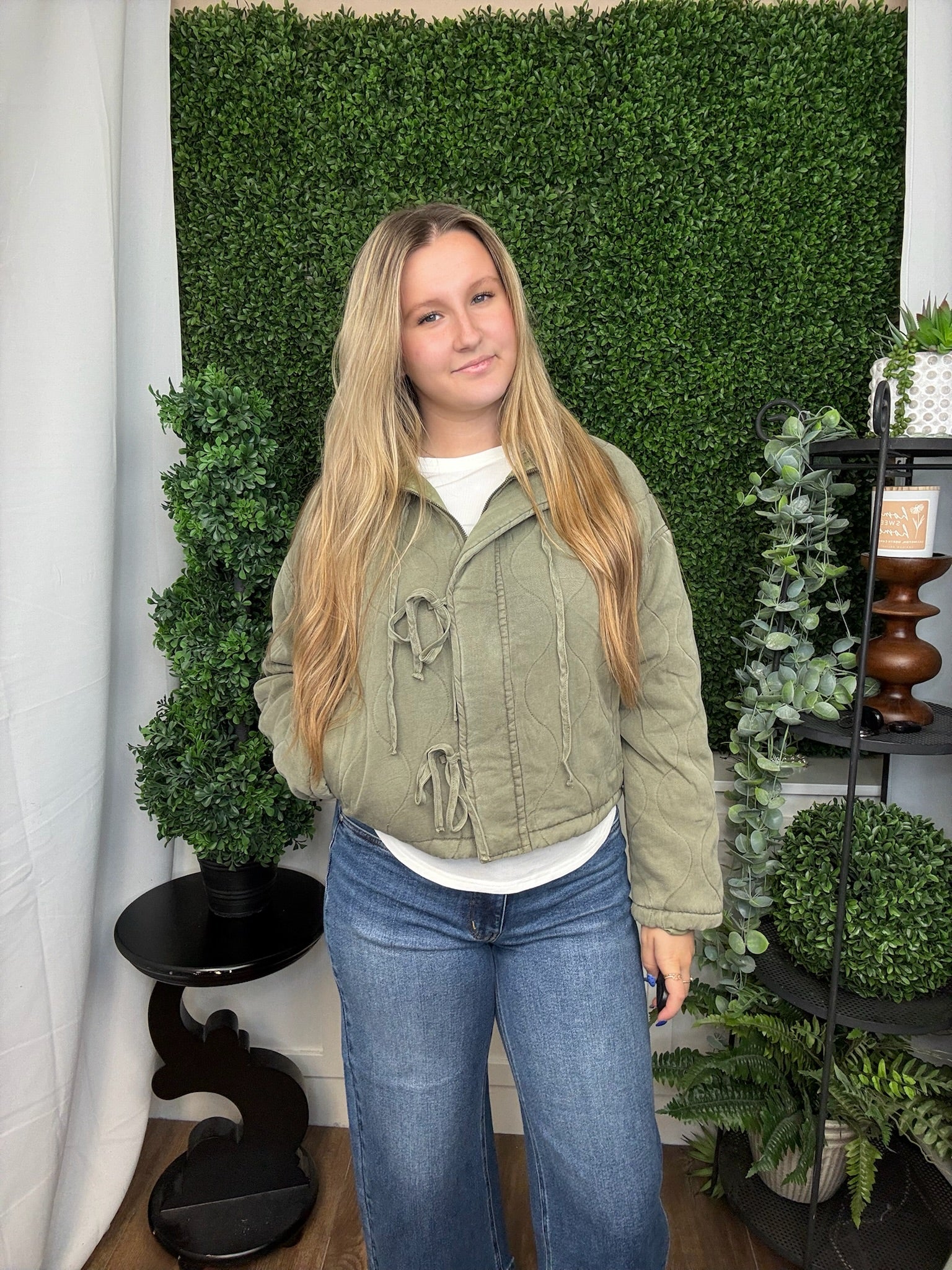 WASHED QUILTED FRONT TIE PUFFER JACKET - OLIVE