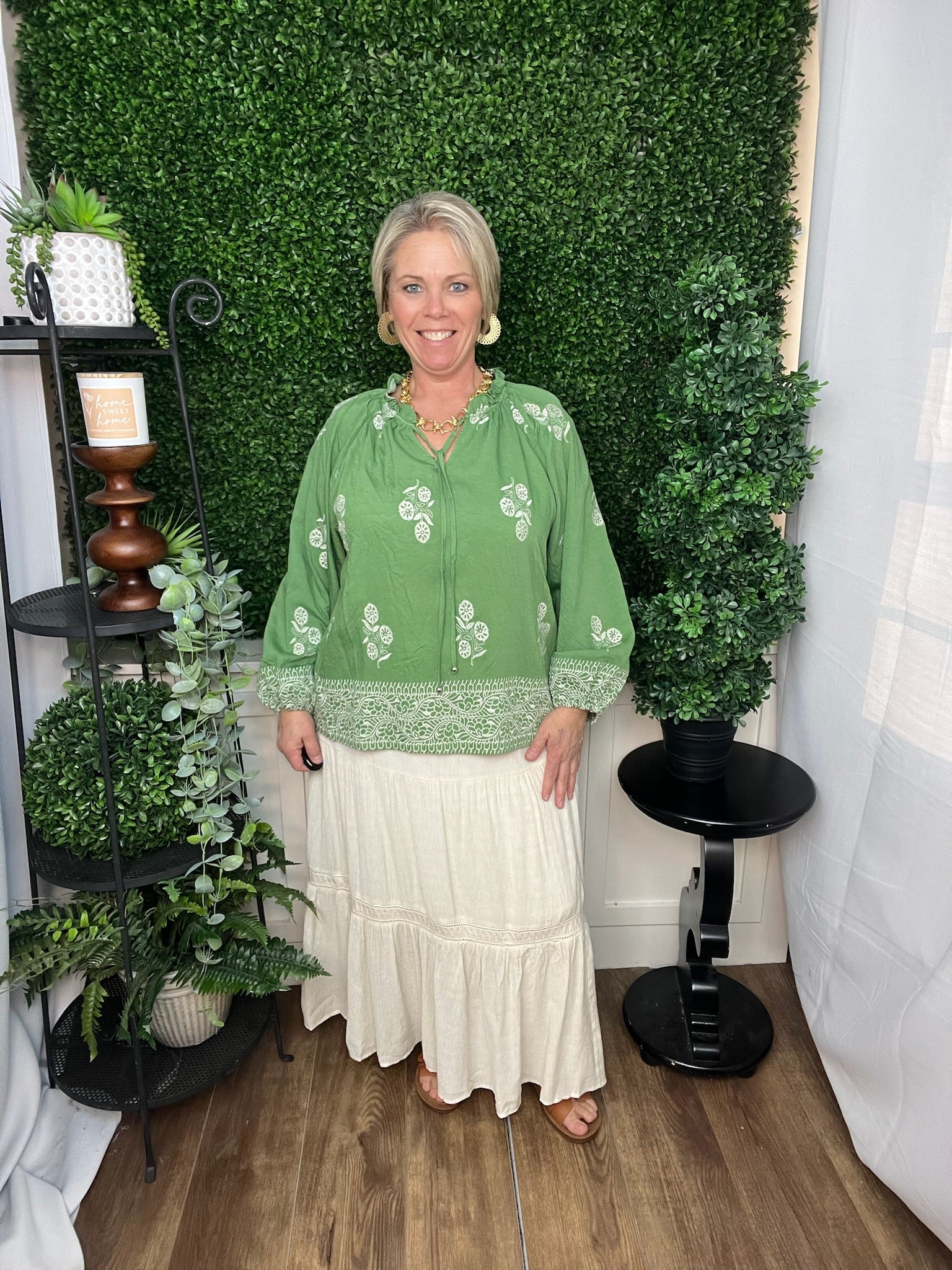 LONG SLEEVE SAGE W/WHITE EMBROIDERY