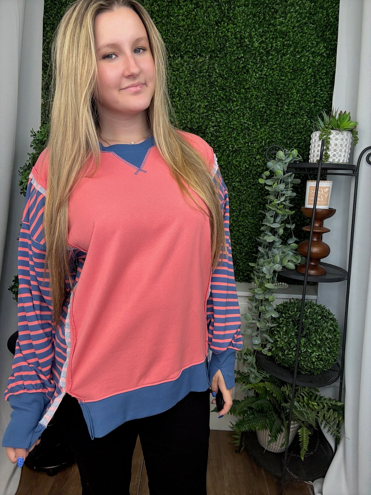 OVERSIZED WAFFLE KNIT CASUAL TOP - CORAL