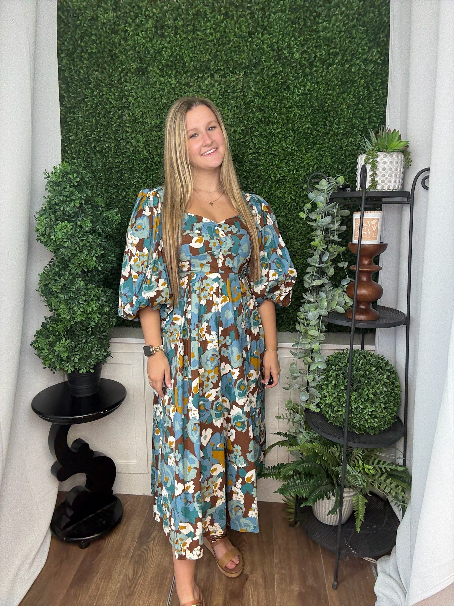 BUBBLE SLV SCALLOPED DRESS - BROWN TEAL