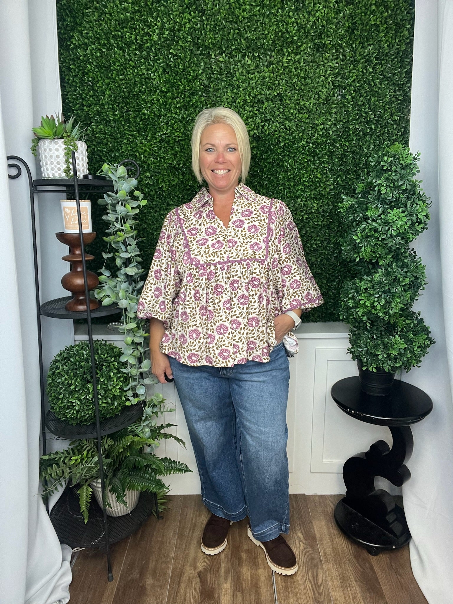 FLORAL PRINT LONG LANTERN SLEEVE TOP - PURPLE