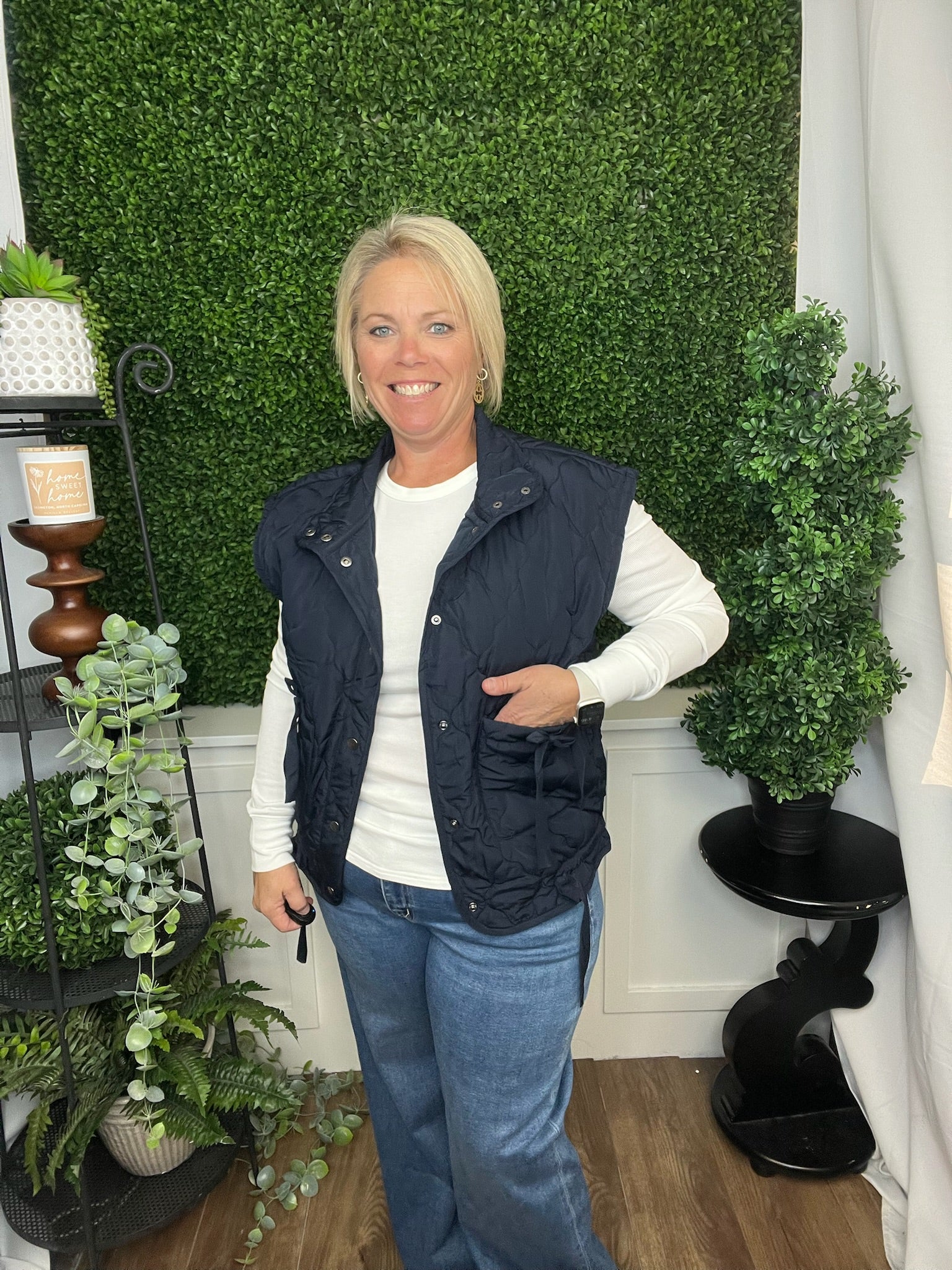 TIE DETAIL SNAP DOWN QUILTED PUFFER VEST