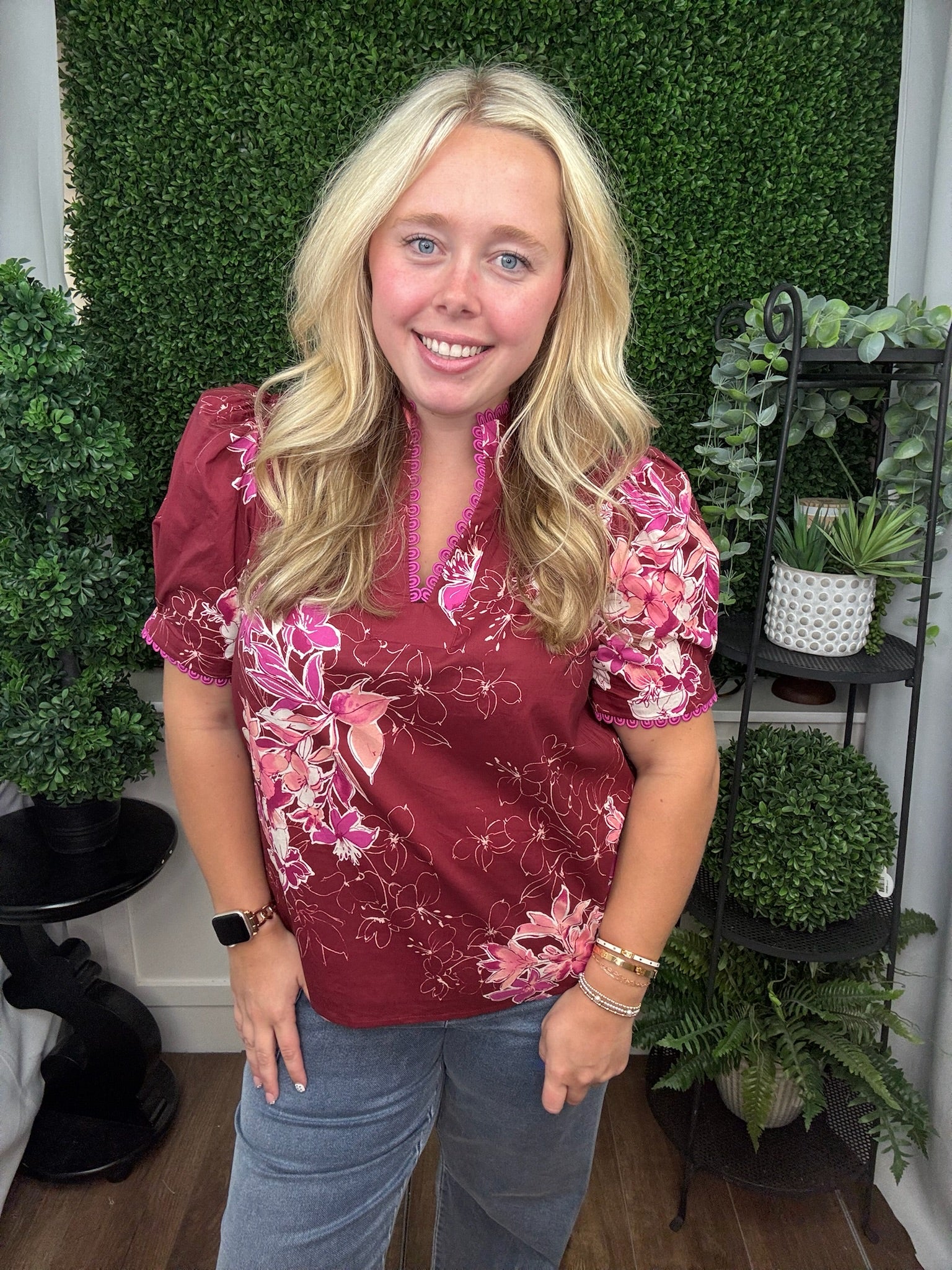FLORAL PRINT PUFF SLEEVE BLOUSE - BURGUNDY/CHOCOLATE