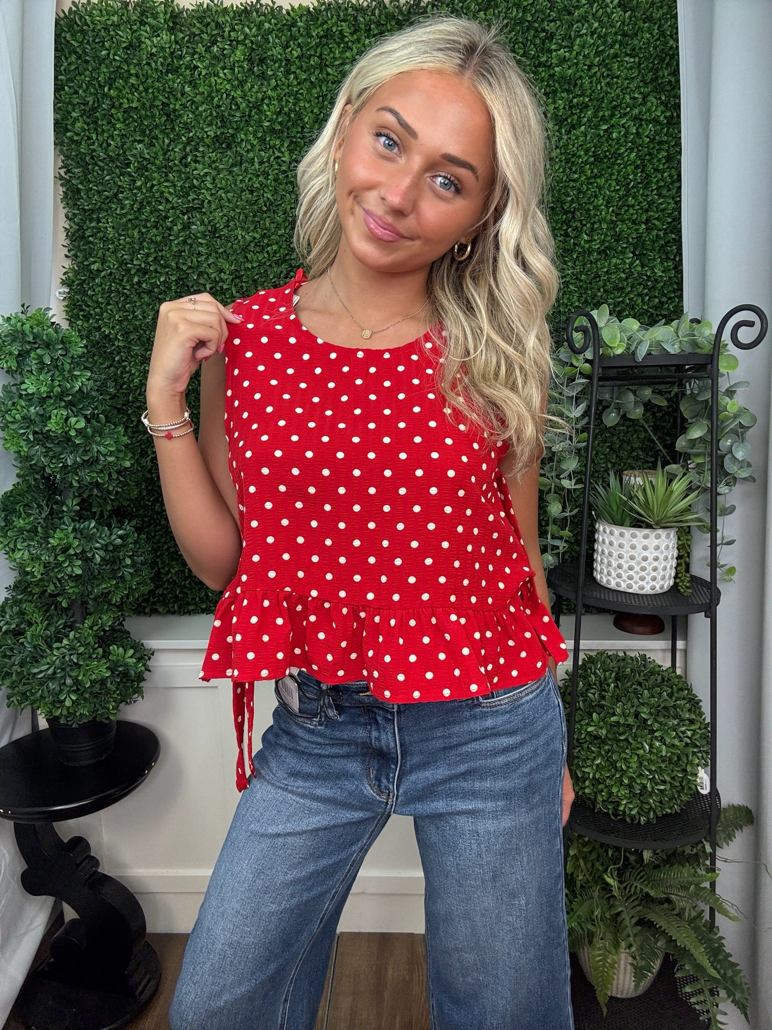 Red Polka Dot Ruffle Peplum Top
