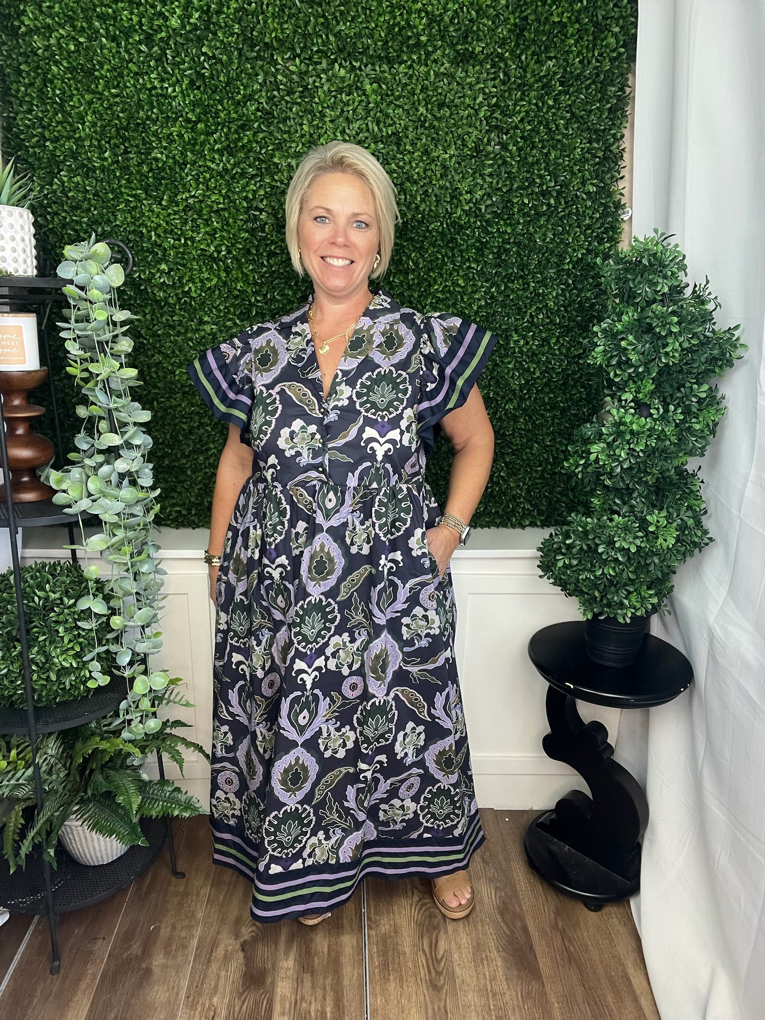 MULTI PRINT MIDI DRESS W/FLUTTER SLEEVES - NAVY