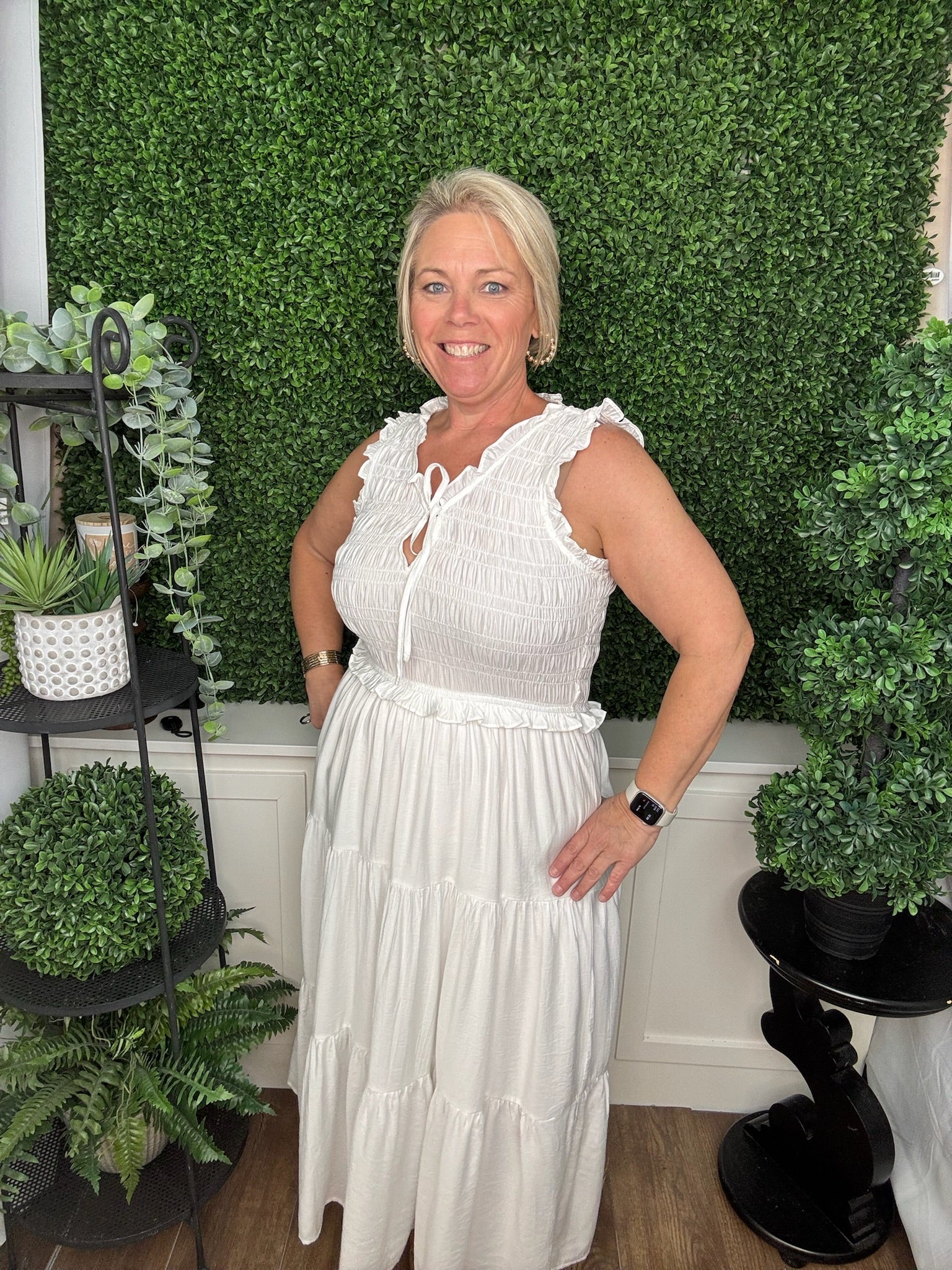 White Ruffle Smocked Sleeveless Midi Dress
