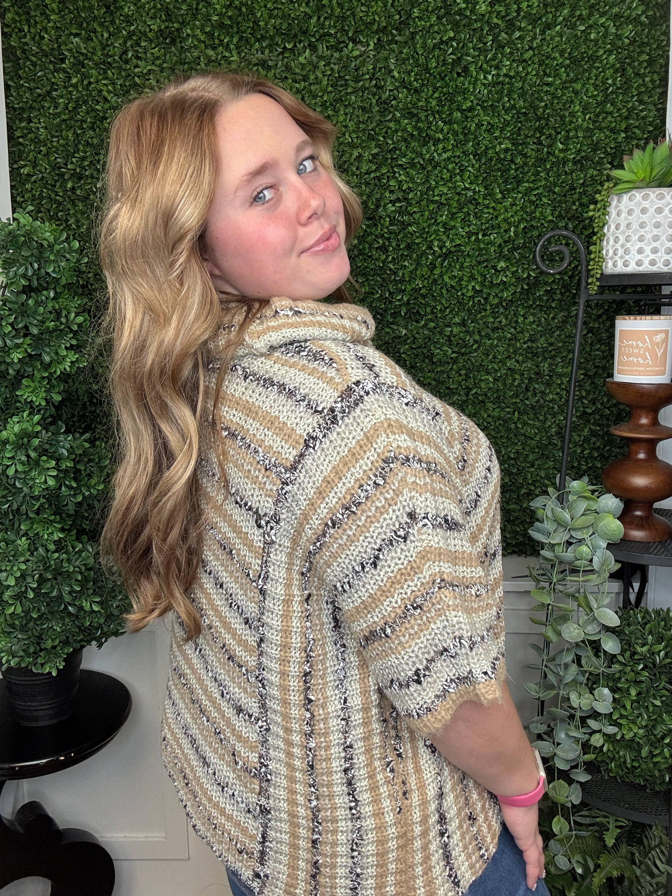 STRIPED BOUCLE SS TURTLENECK SWEATER - OATMEAL