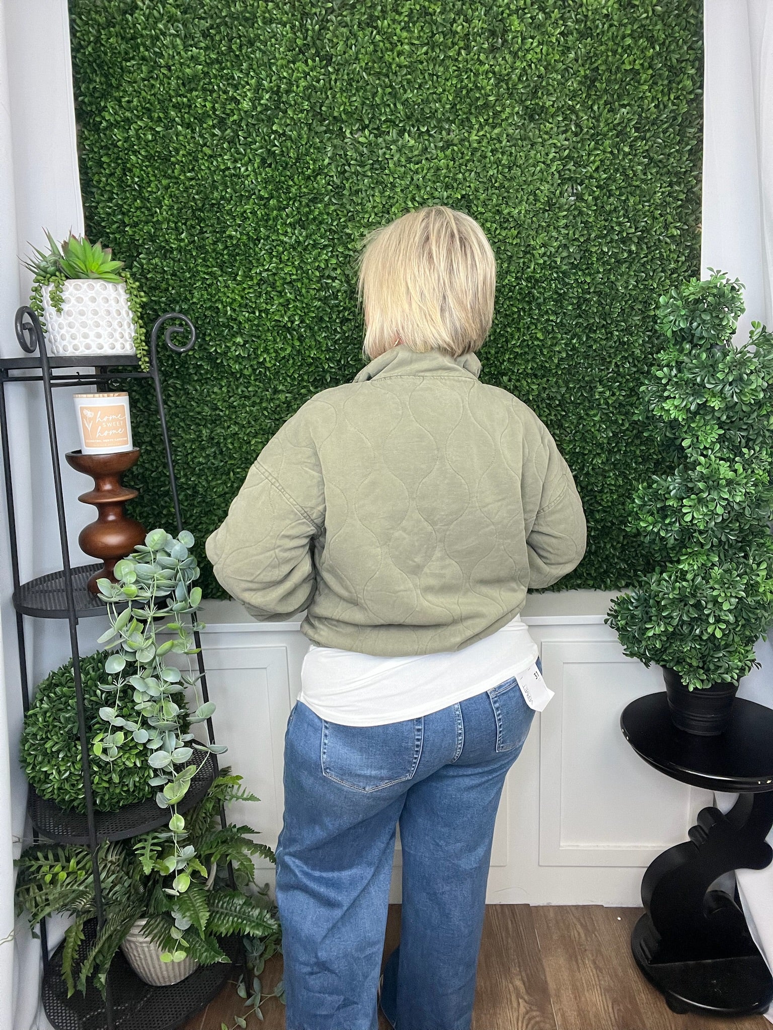 WASHED QUILTED FRONT TIE PUFFER JACKET - OLIVE