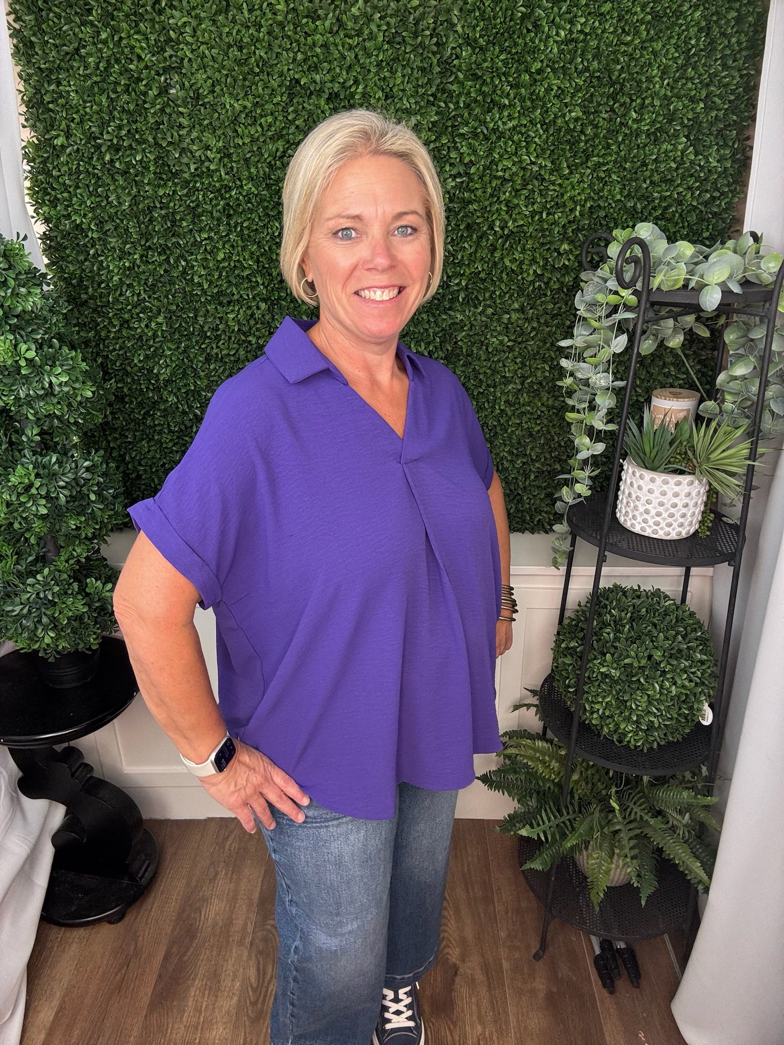 GAME DAY - DROP SHOULDER COLLARED WOVEN TOP - RED/TRUE PURPLE