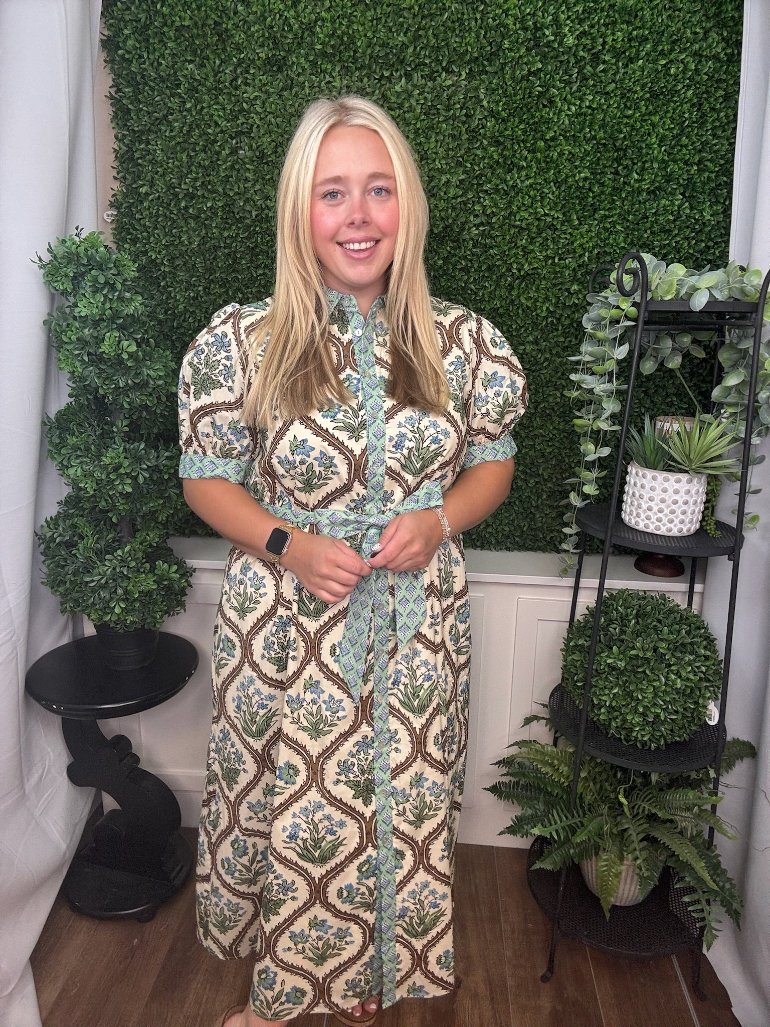 Vintage Floral Belted Shirt Maxi Dress
