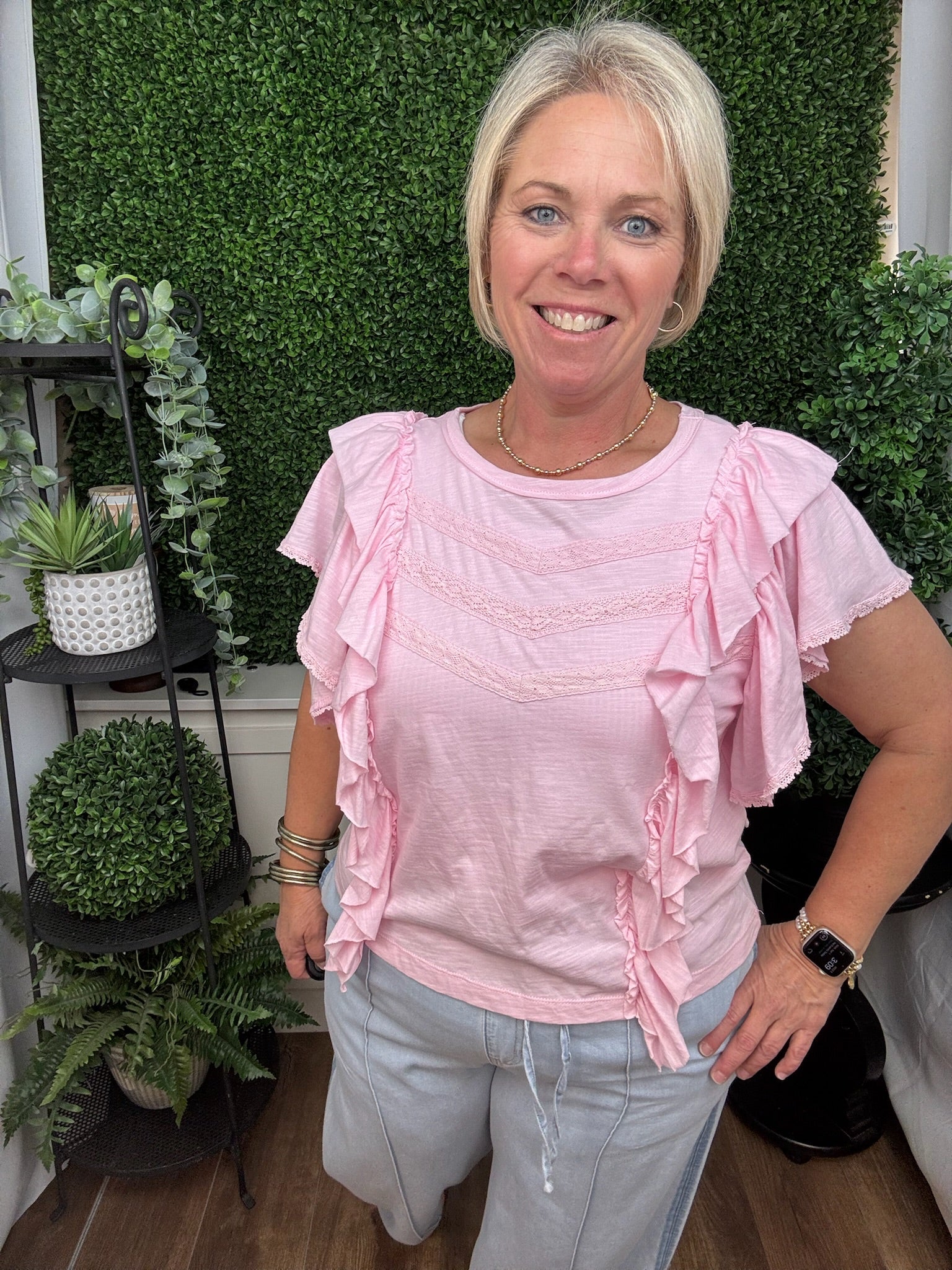 Blush Pink Ruffle Sleeve Top with Lace Chevron Detail