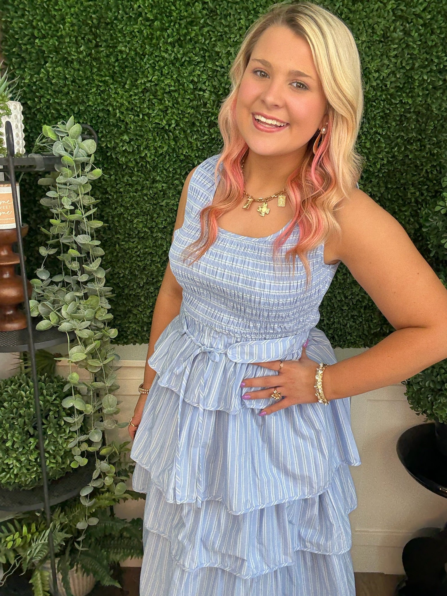 STRIPED TIERED RUFFLE MIDI DRESS - LT BLUE MULTI STRIPE