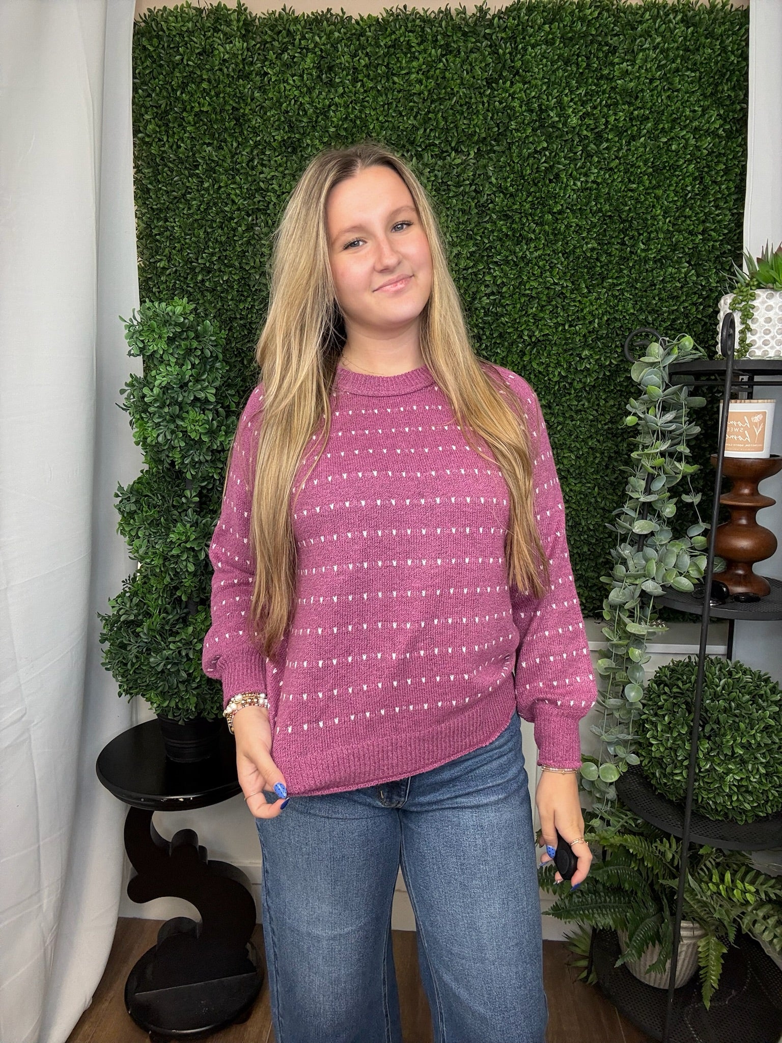 DOTTED STRIPED PULLOVER SWEATER - MAGENTA