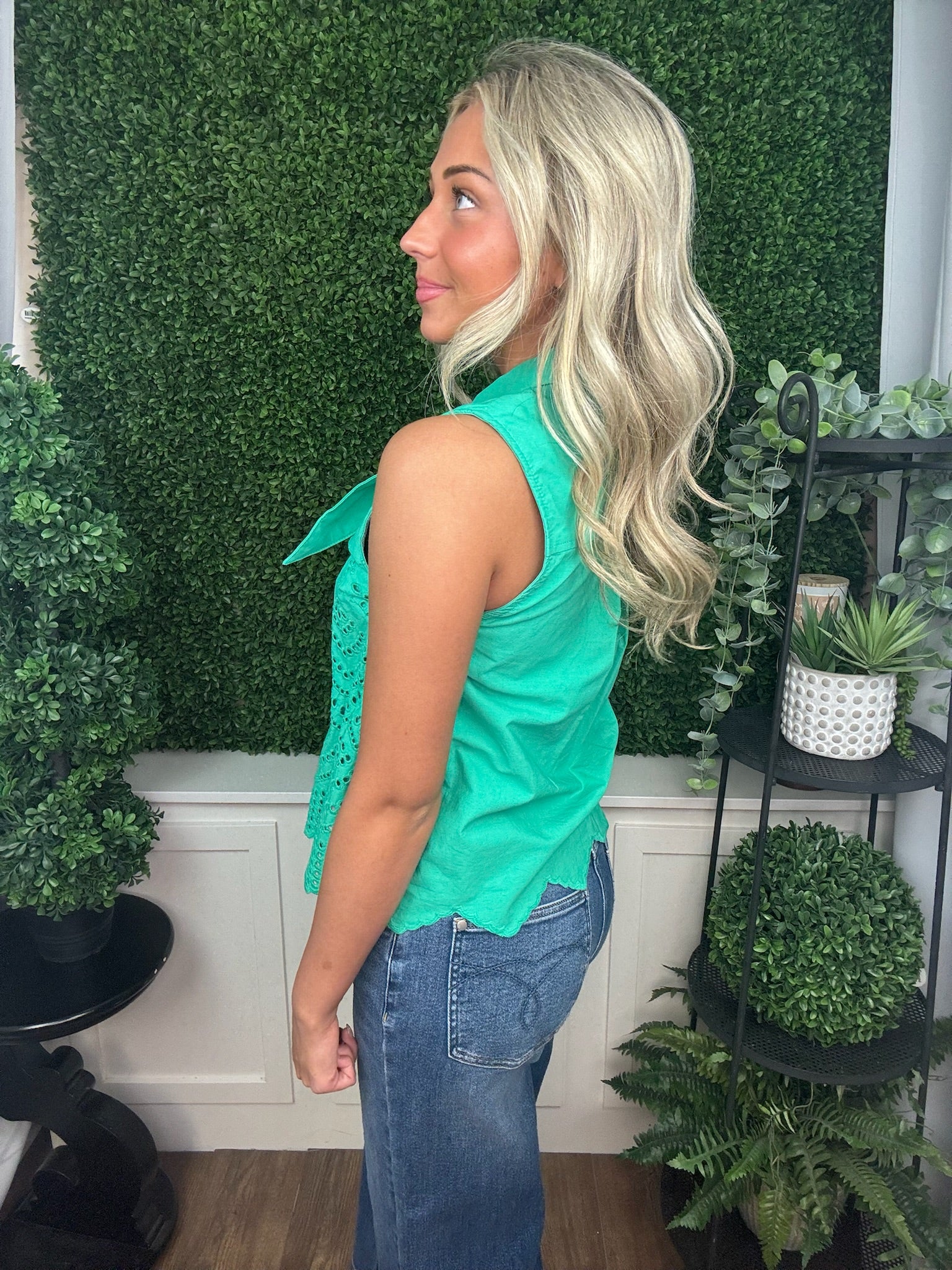 Sage Eyelet Scallop Hem Tie-Neck Blouse