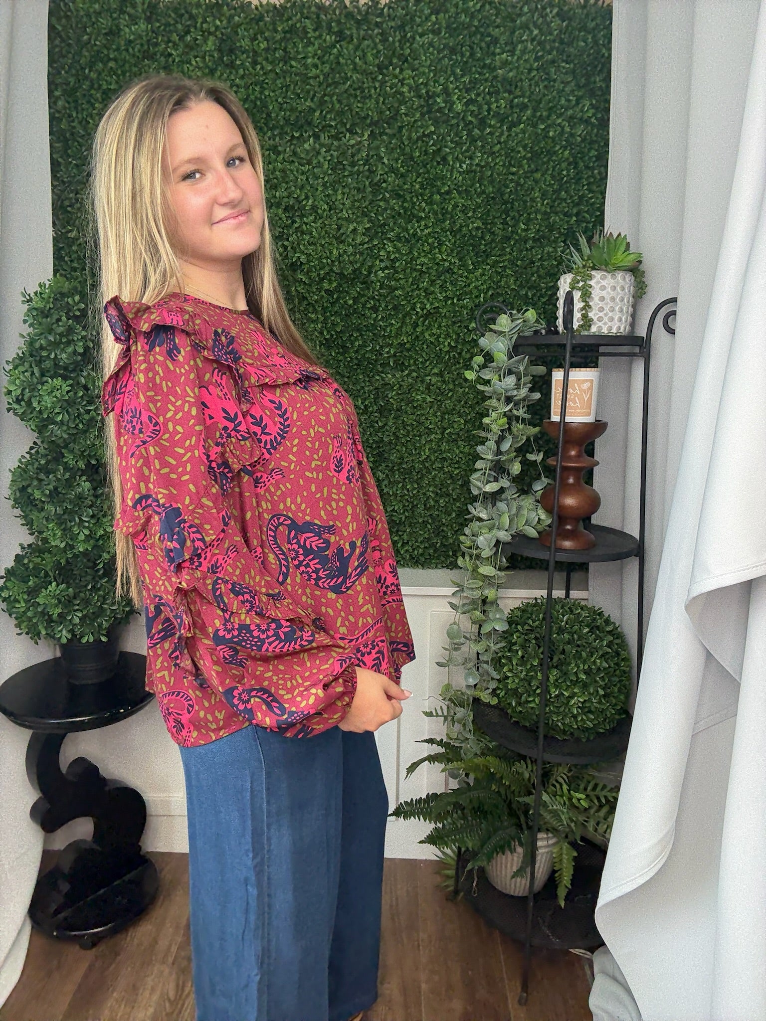 ANIMAL PRINTED WOOL PEACH BLOUSE - SANGRIA