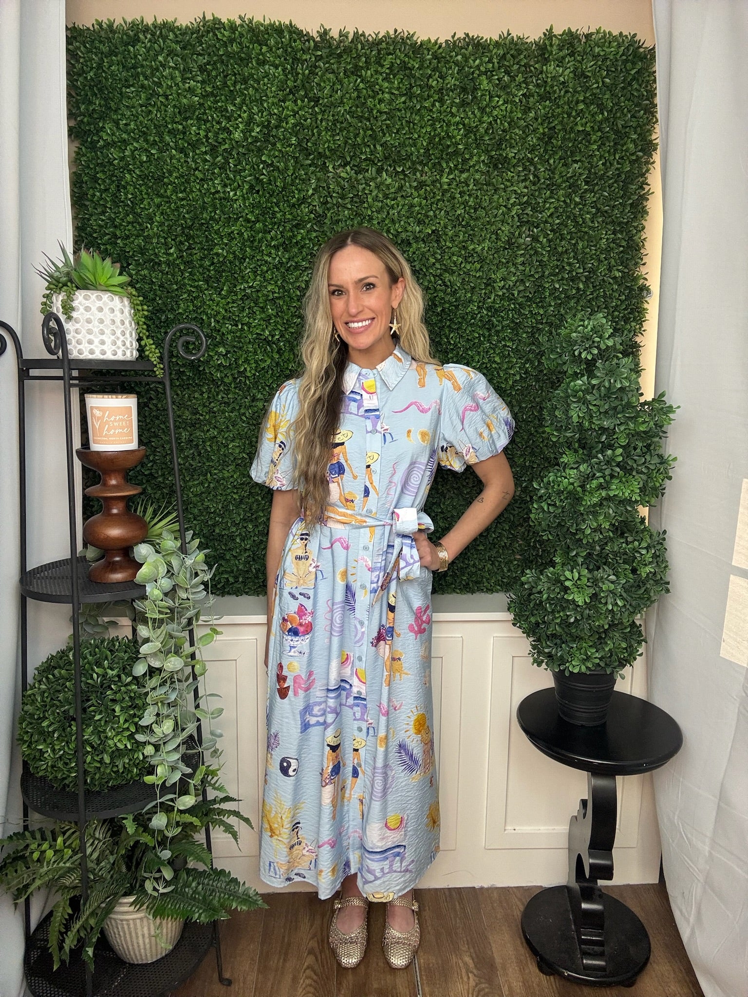 BUTTON DOWN SUMMER BEACH PRINT MIDI DRESS - BLUE