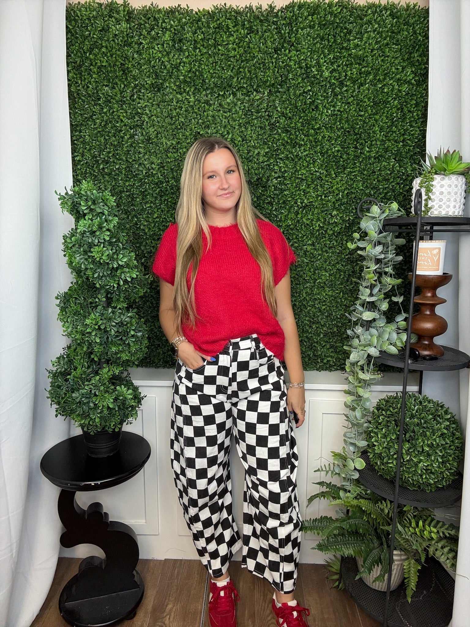 CHECKERED PRINTED BARREL DEMIN PANT BLACK COMBO