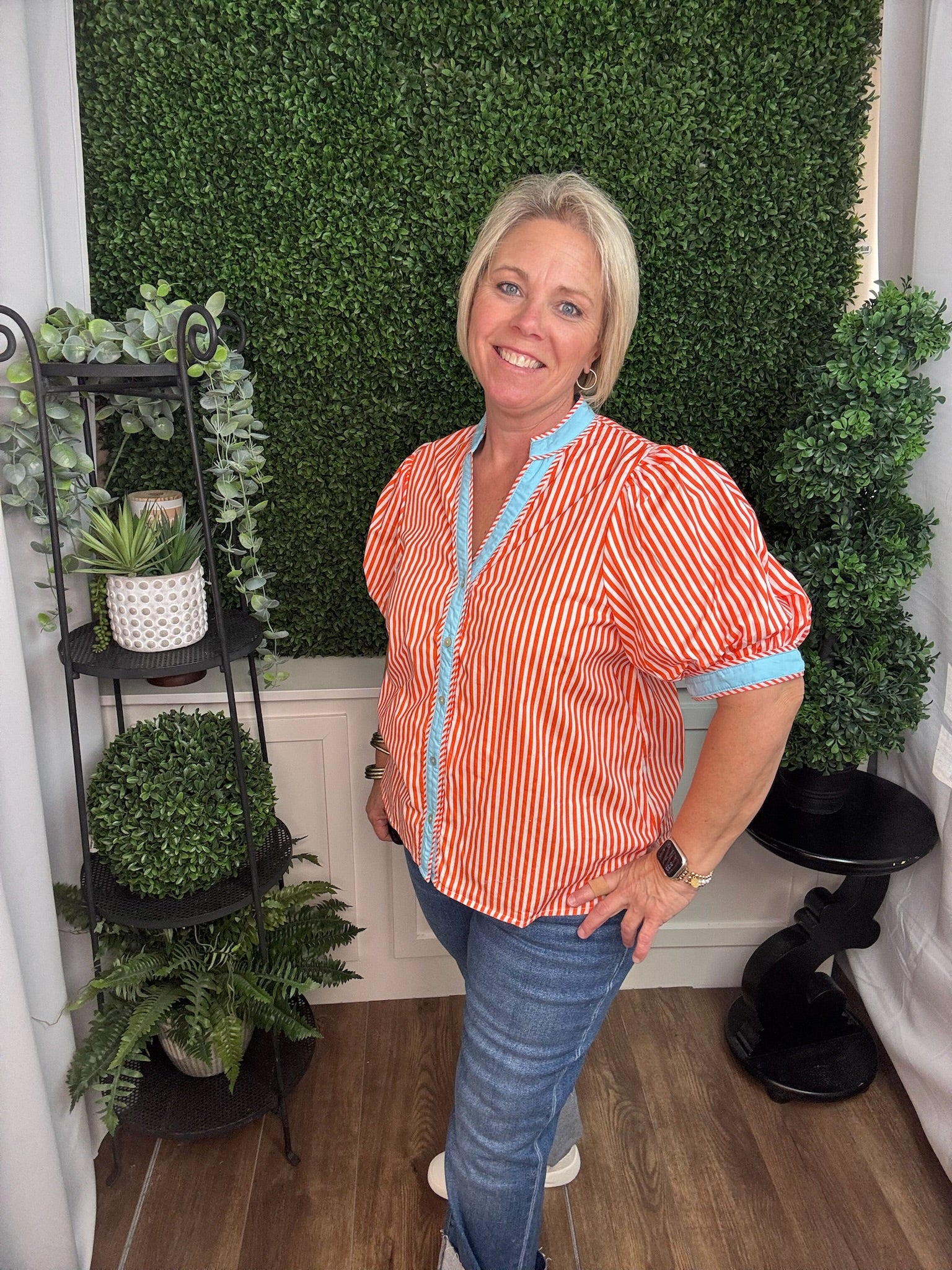 ORANGE WITH BLUE TRIM PUFFY SLEEVE TOP