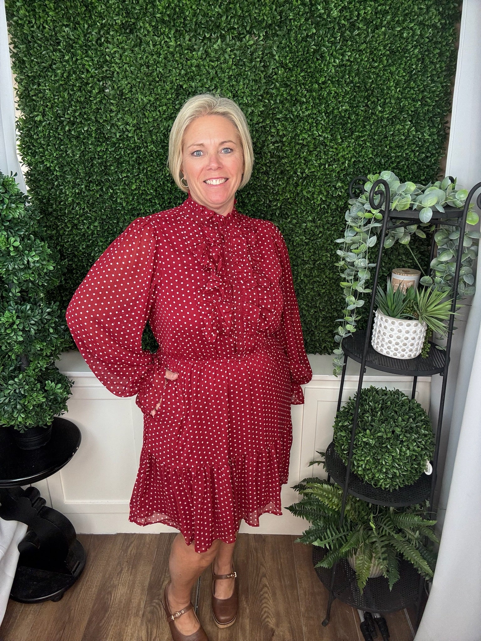 LONG RUFFLED BUTTON DOWN POLKADOT WOVEN MINI DRESS - RED
