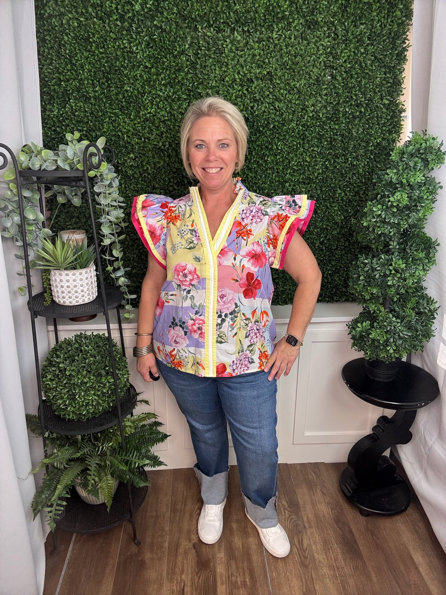 Pastel Floral Flutter Sleeve V-Neck Blouse