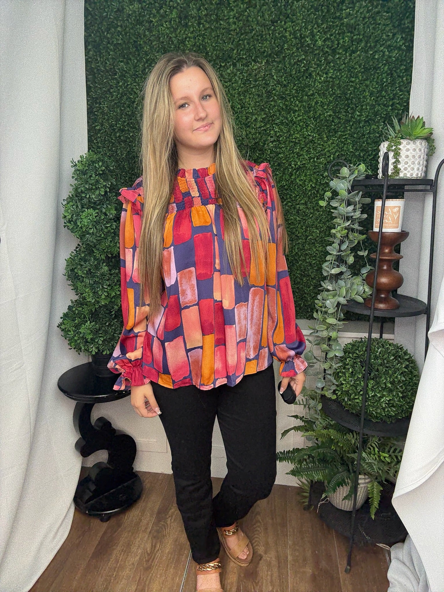 ABSTRACT PRINTED MIRABELLE SATIN BLOUSE - MIDNIGHT BLUE