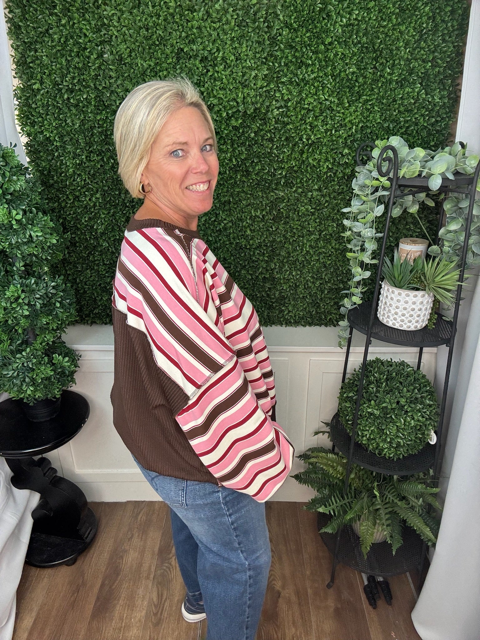 STRIPED DROP SHOULDER RIBBED TRIM PULLOVER - LAVENDER-OLIVE/ PINK-BROWN