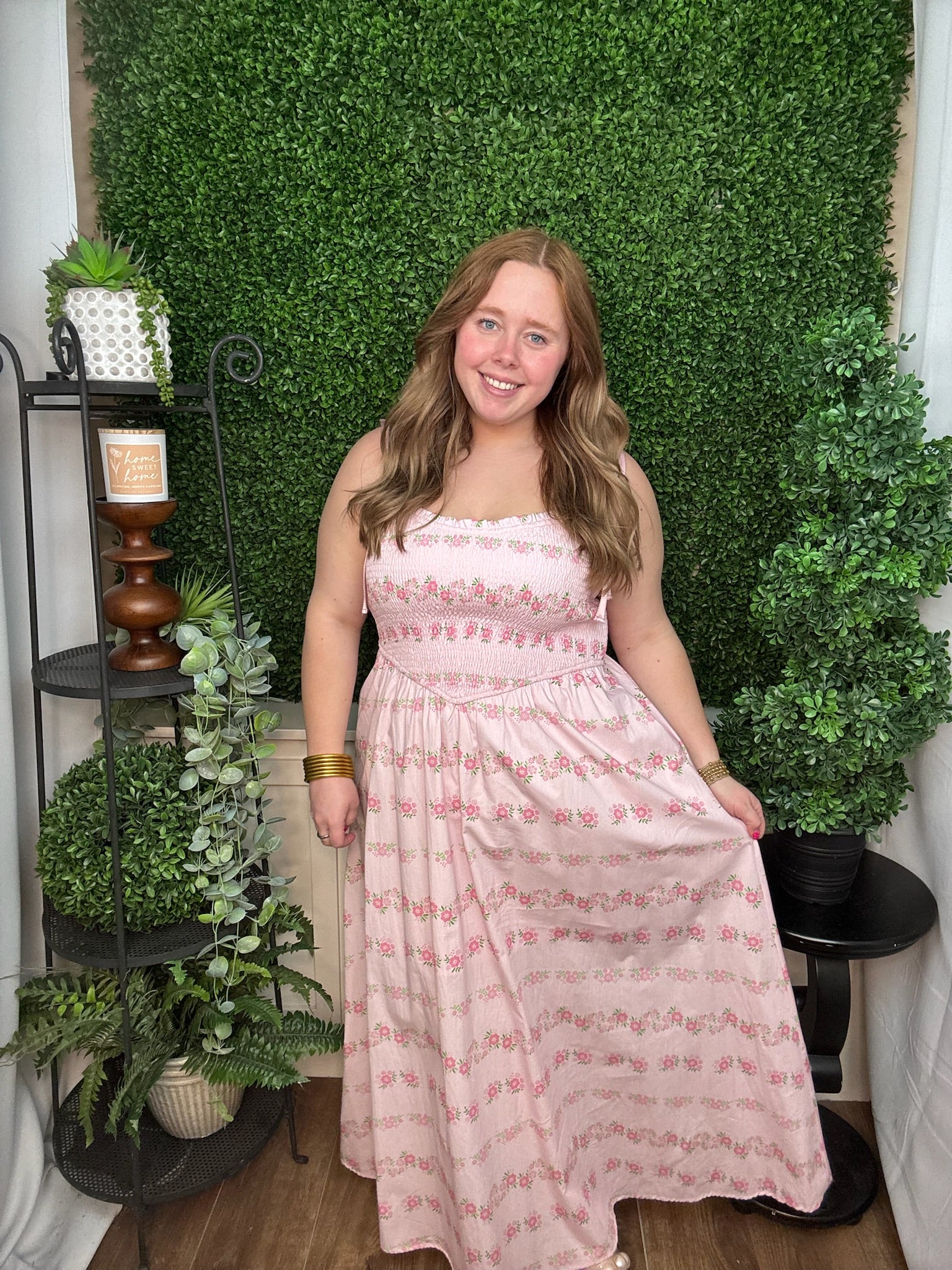 Blush Floral Smocked Midi Dress