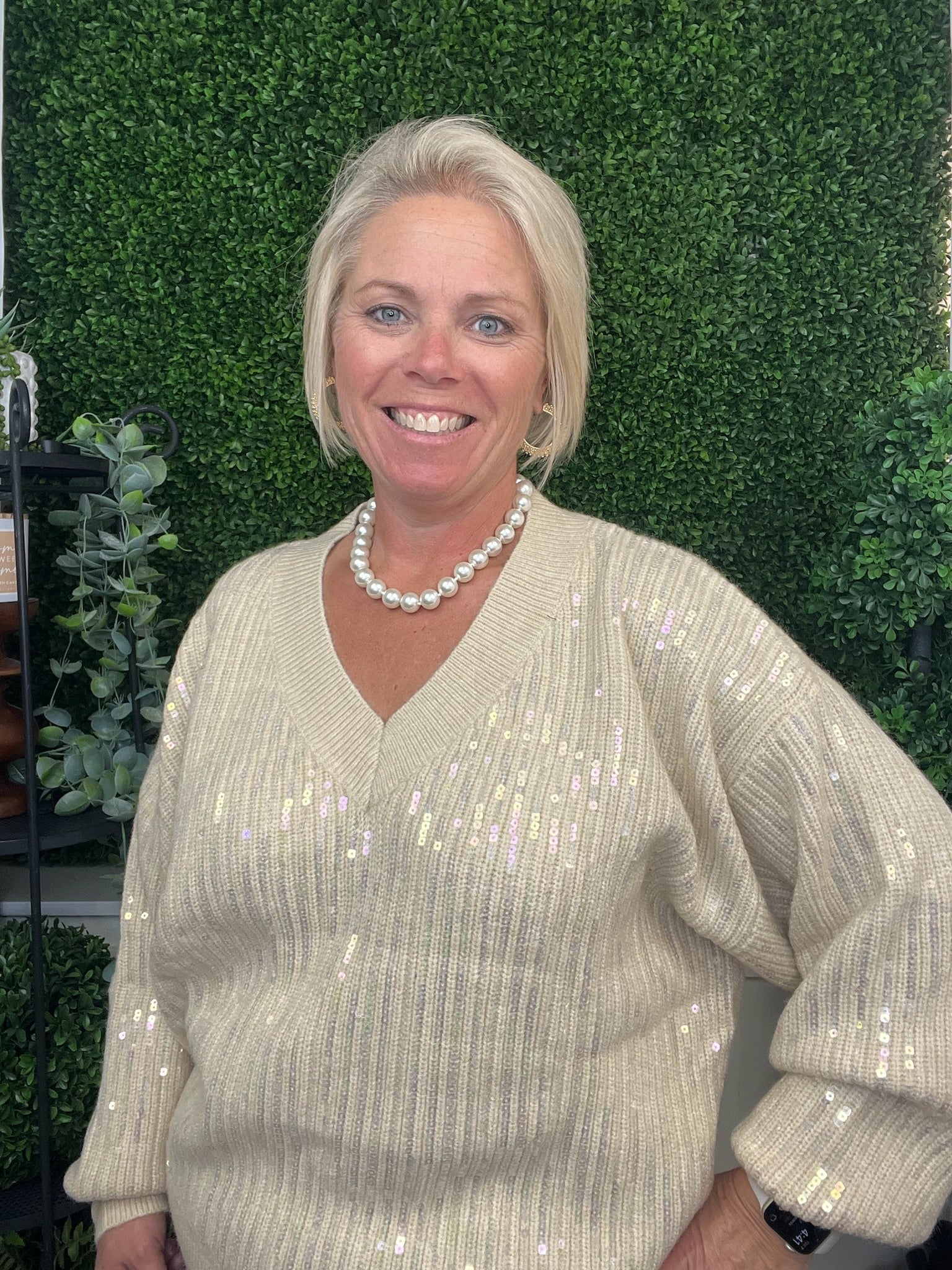 HOLIDAY CLEAR SEQUINS CHRISTMAS VNECK SWEATER TOP - OATMEAL