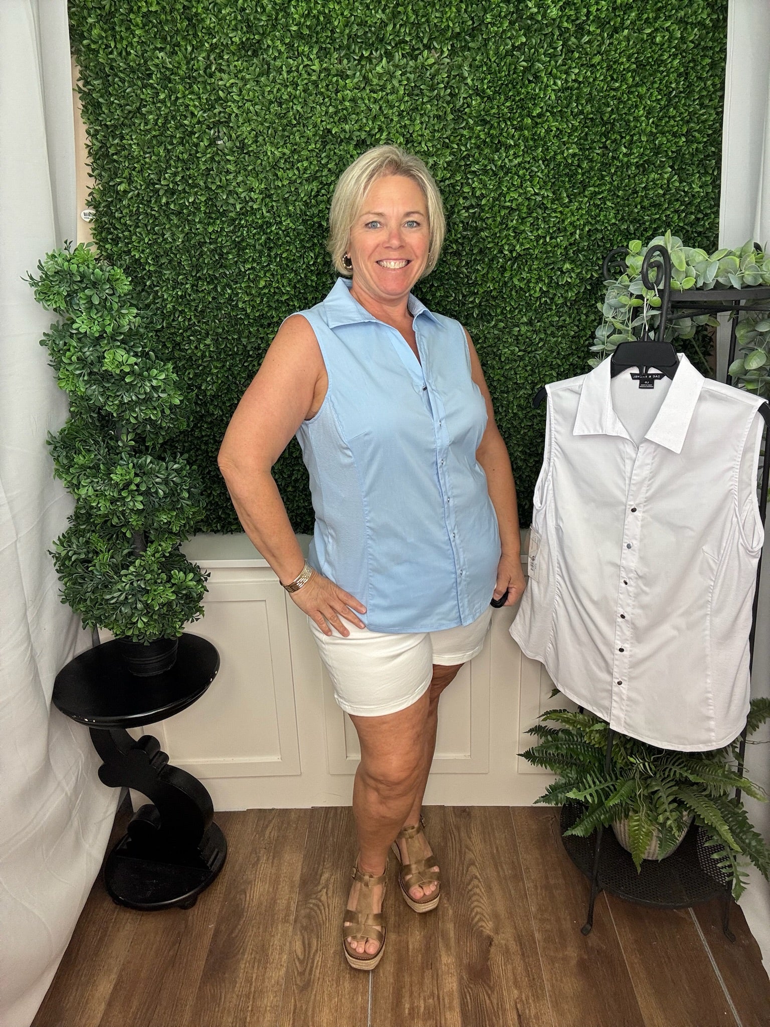 Button Front Poplin Tank w/Ribbed Knit Sides