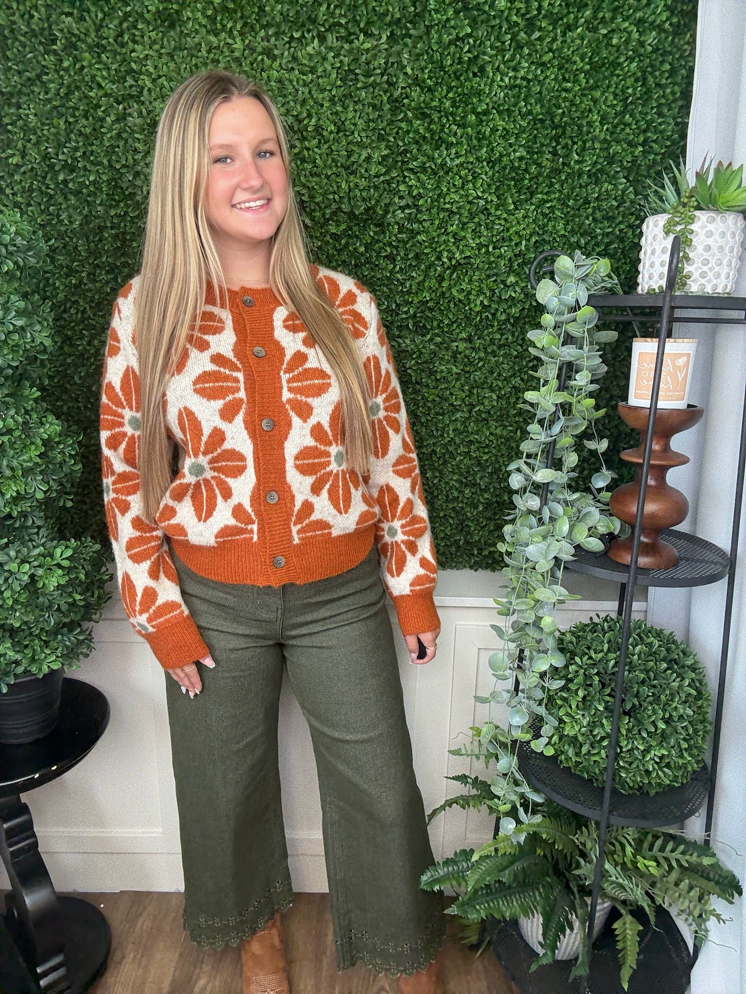 PATTERNED KNIT BUTTON FRONT JACKET - RUST