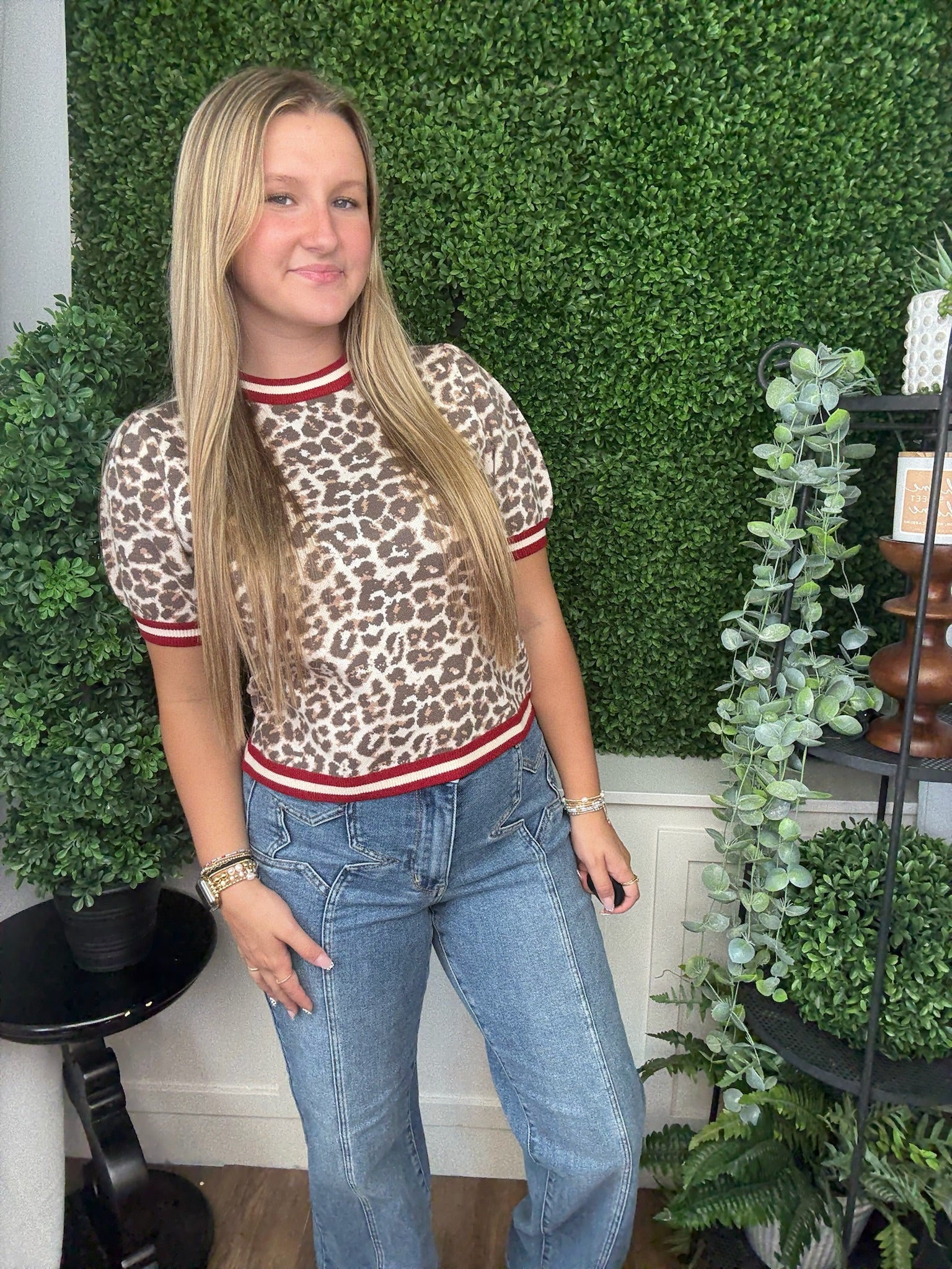 LEOPARD PATTERN SHORT PUFF SLEEVE KNIT TOP