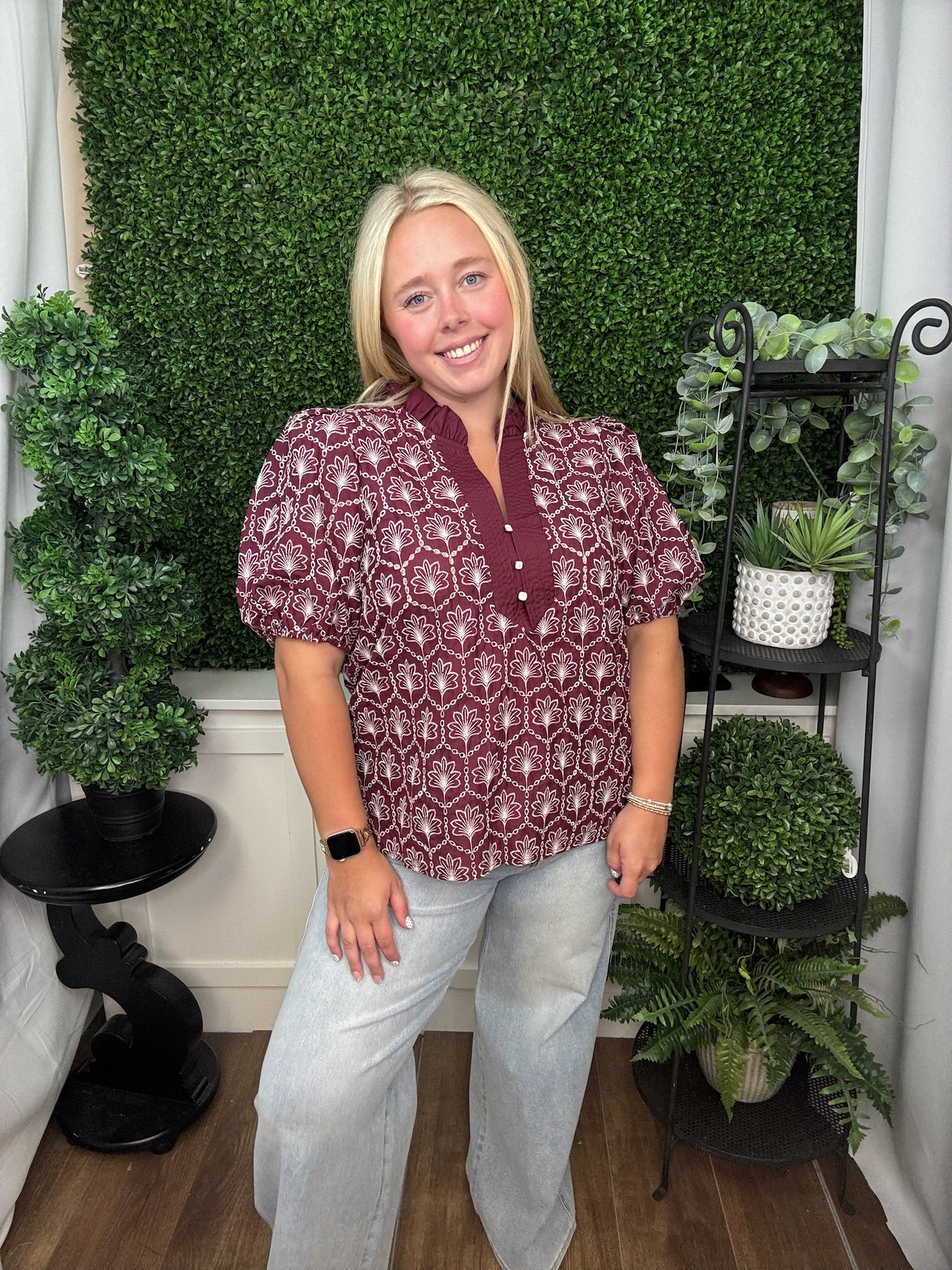 GEOMETRIC PRINT PUFF SLEEVE BLOUSE - WINE