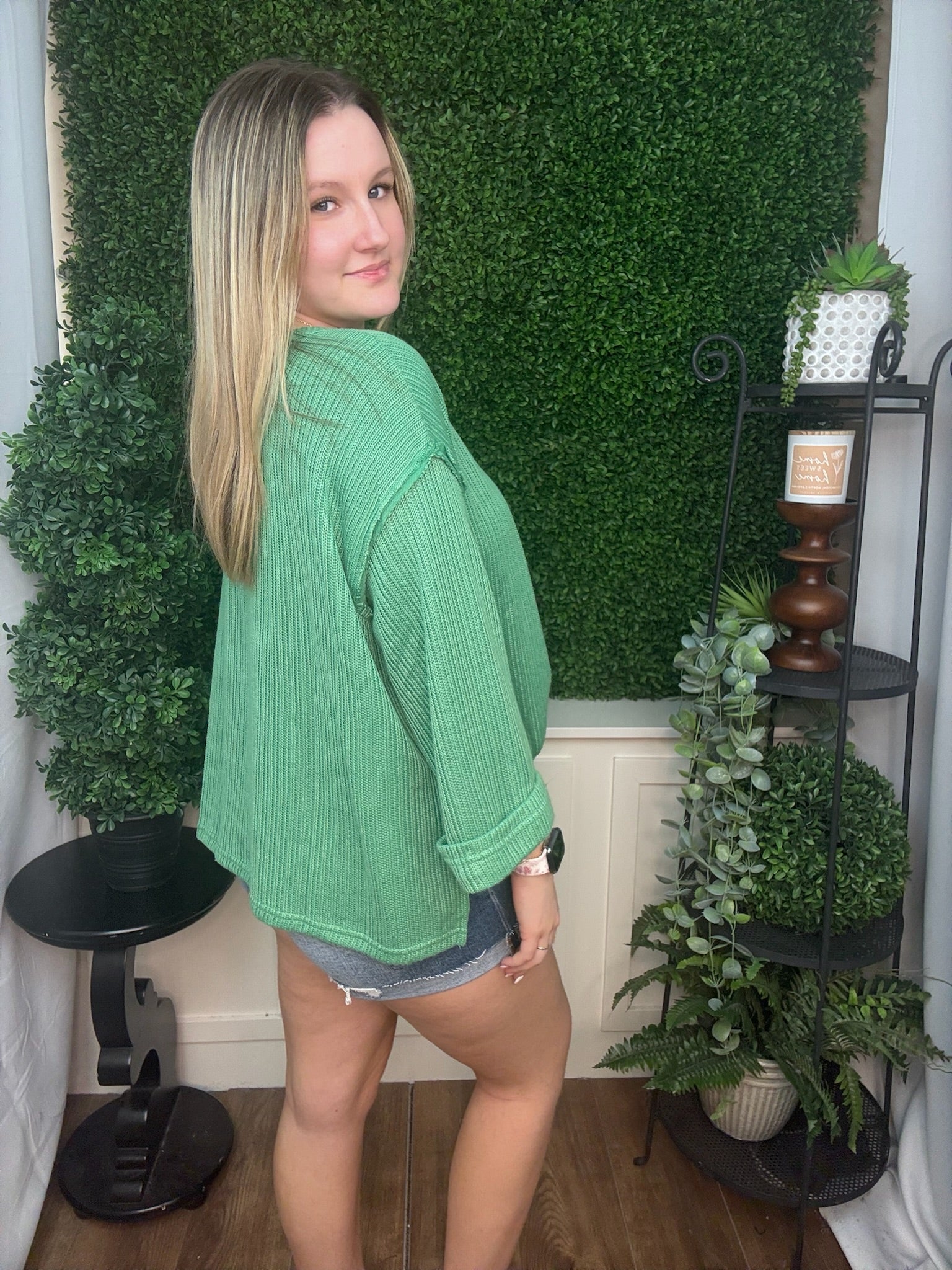3/4 FOLDED SLEEVE KNIT TOP - GREEN