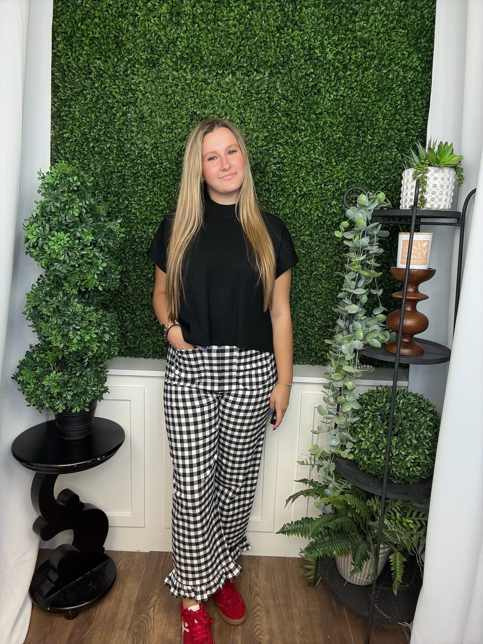 GINGHAM RUFFLE TRIM STRAIGHT LEG PANTS - BLACK