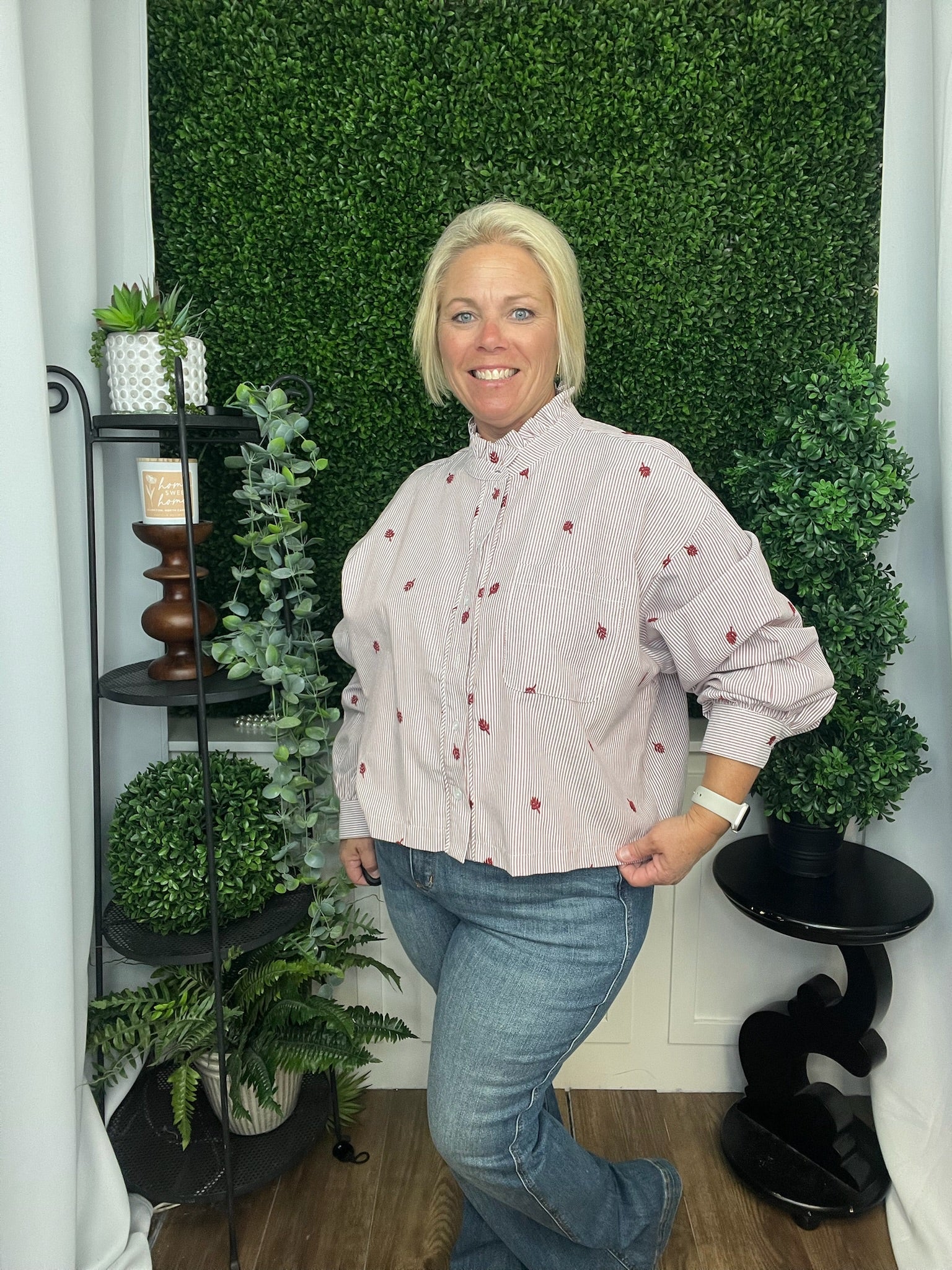 EMBROIDERED MOCK NECK STRIPED BUTTON UP TOP - AMBER STRIPE