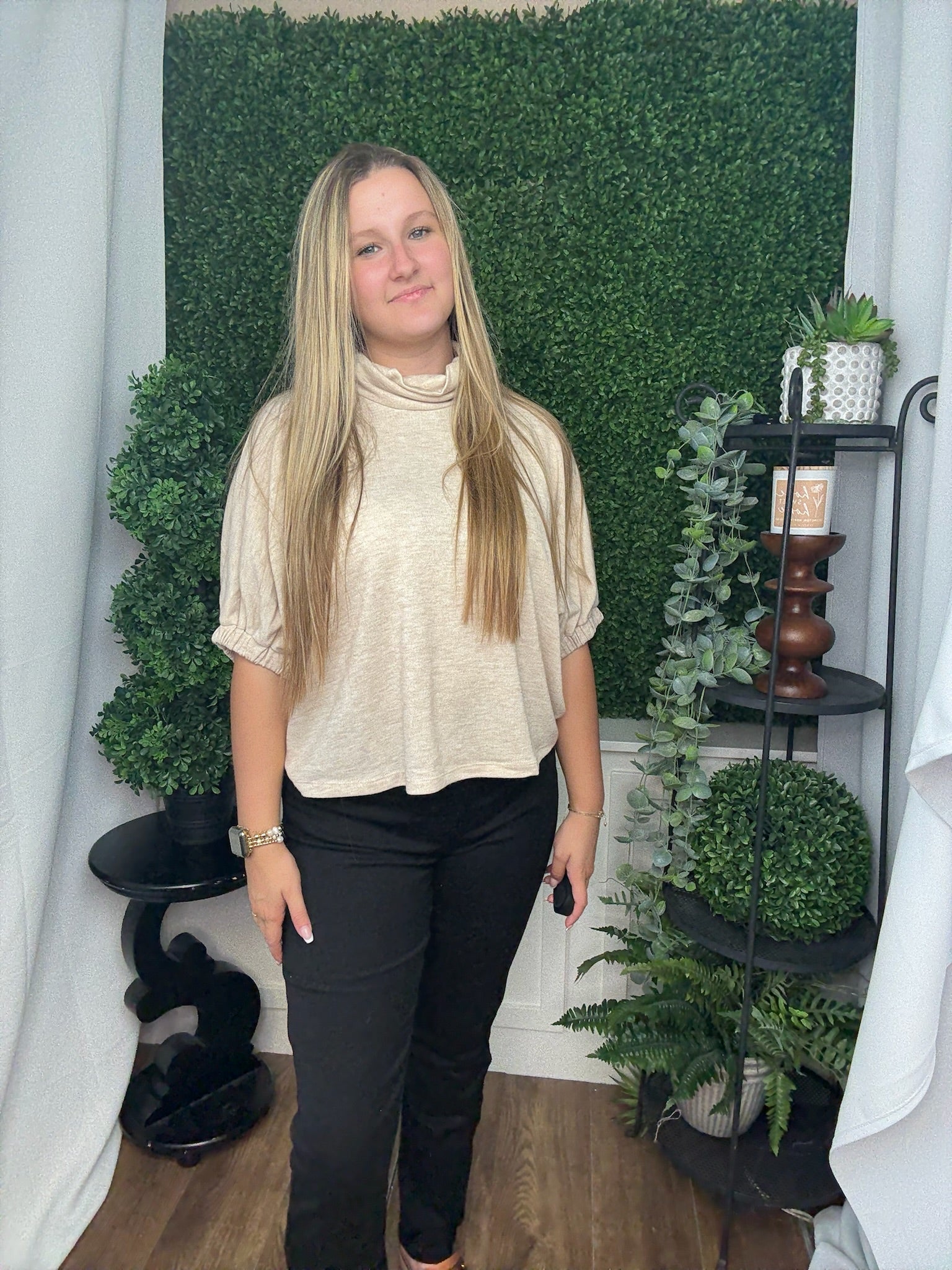 SOLID DOLMAN SLEEVE TOP W/TURTLENECK - OATMEAL