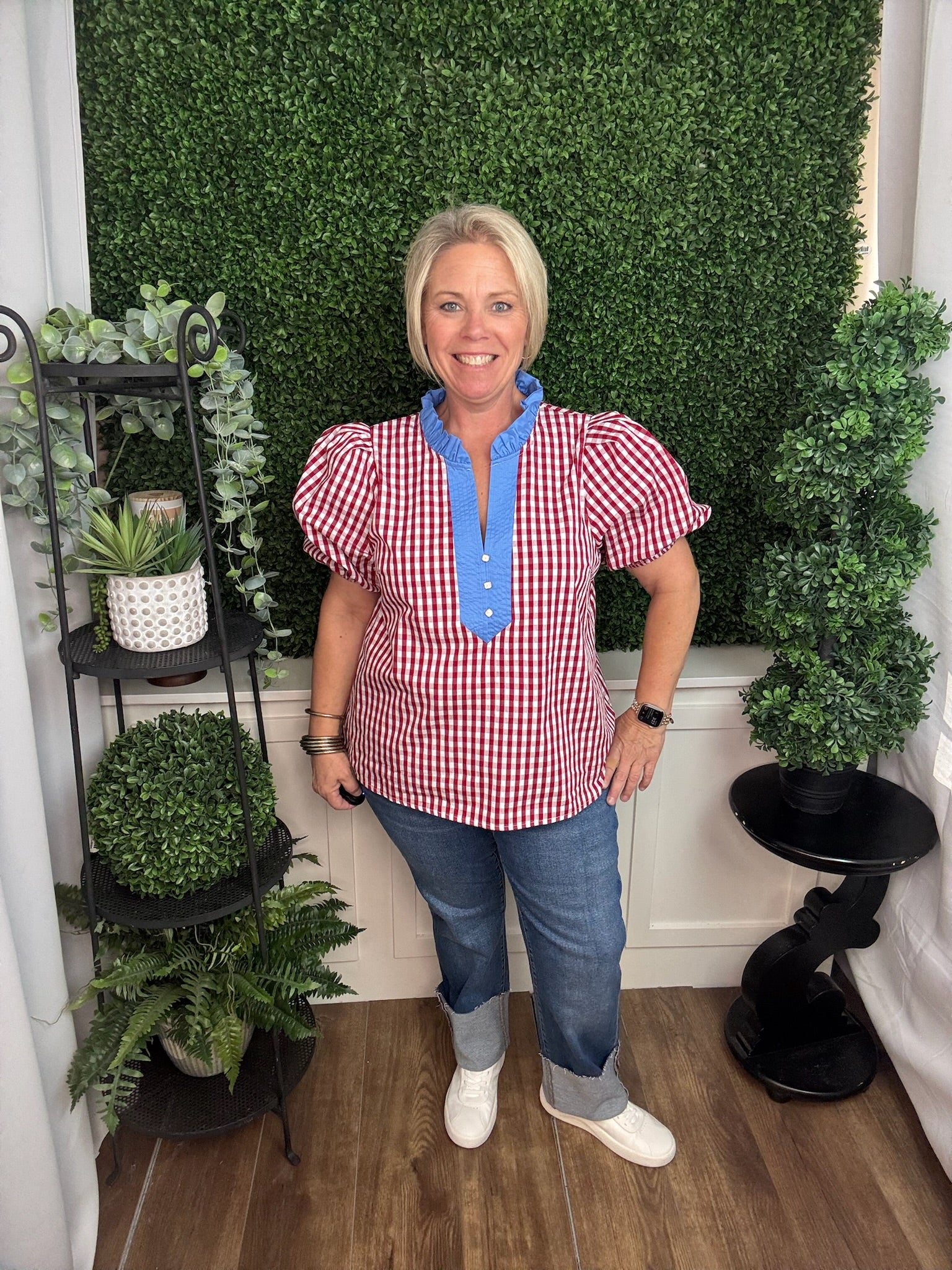 RED GINGHAM TOP WITH BLUE DETAIL