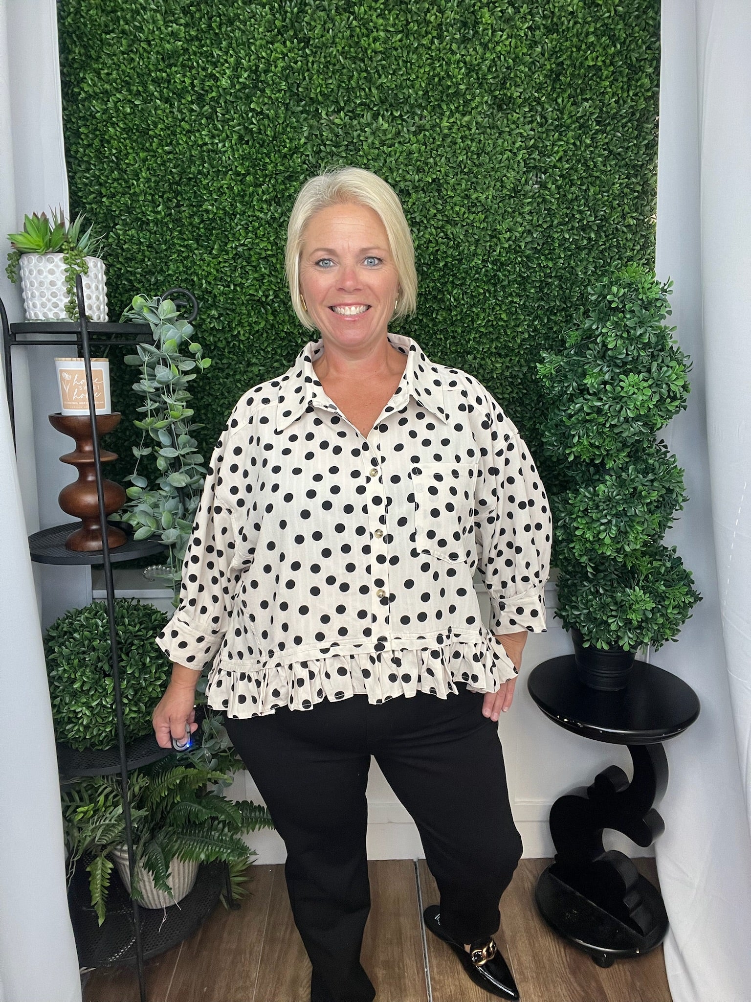 POLKA DOT PRINTED PEPLUM TOP - OFF WHITE/BLACK