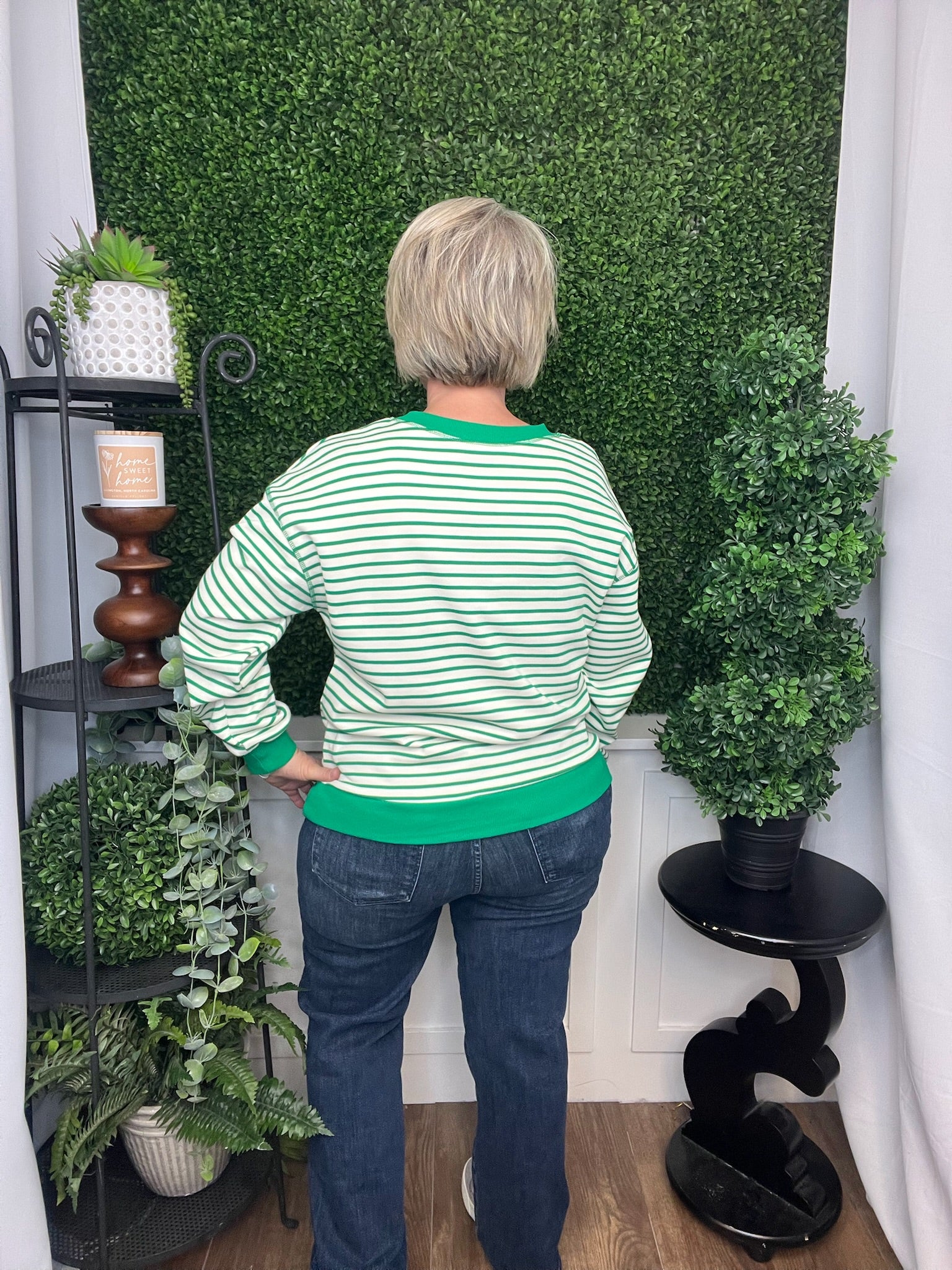 STRIPED ROUND NECK LONG SLEEVE TOP - MISSY GREEN