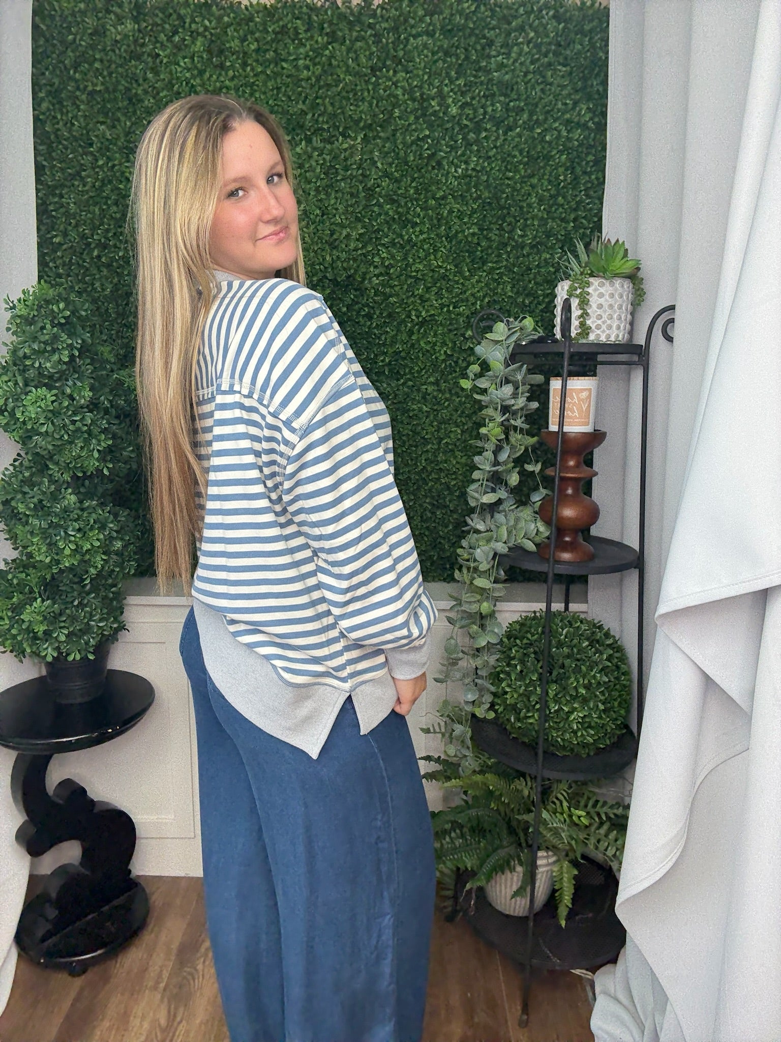 STRIPE COMFY CASUAL OVERSIZED KNIT TOP - DENIM/CREAM