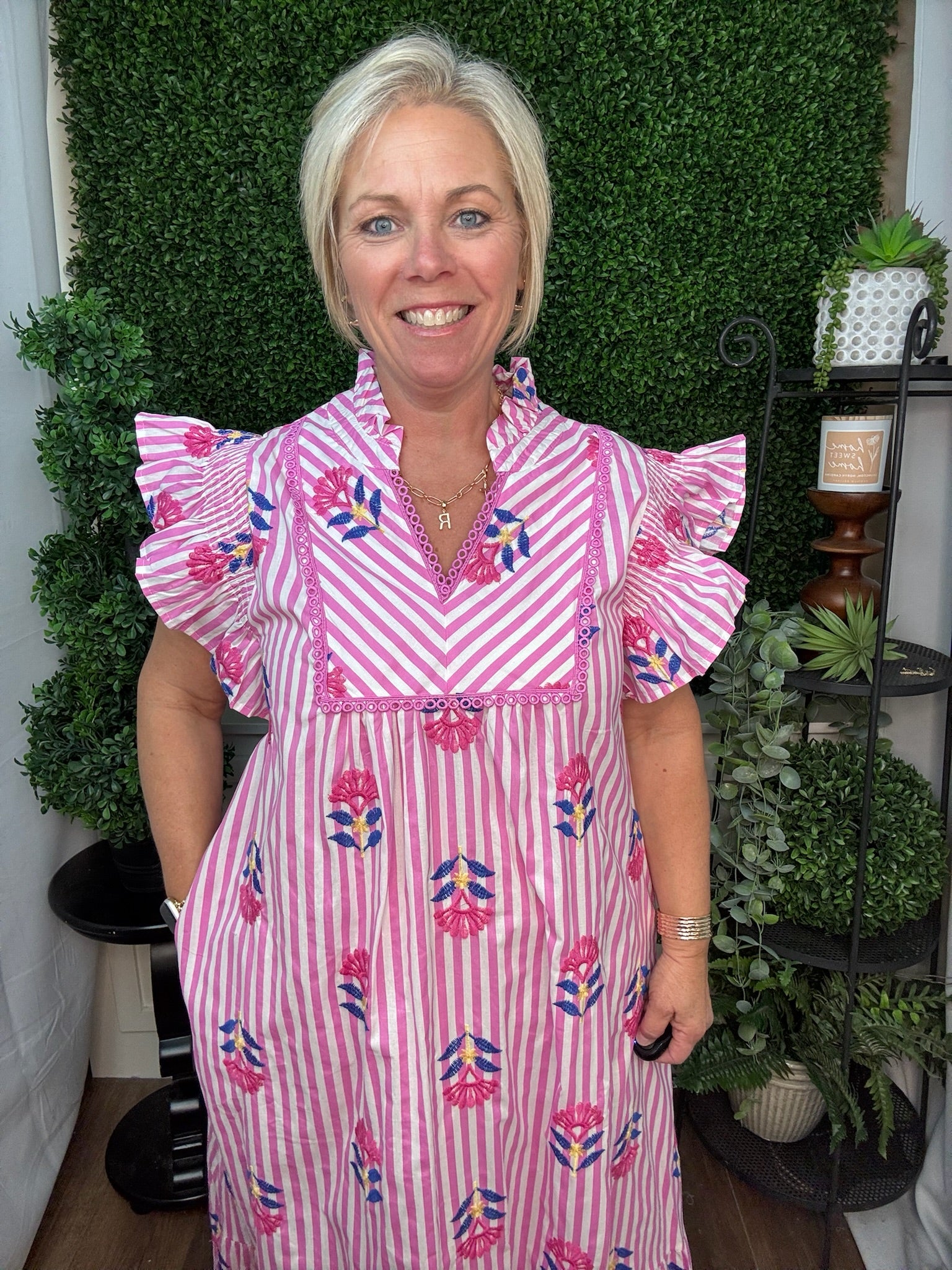 Pink Stripe Embroidered Flutter Sleeve Dress