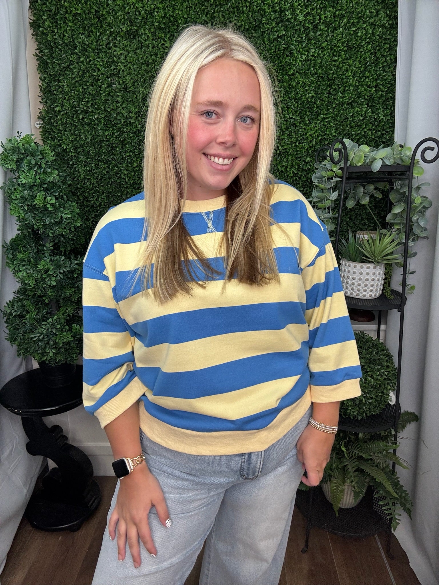Blue and Yellow Striped Cropped Sweatshirt