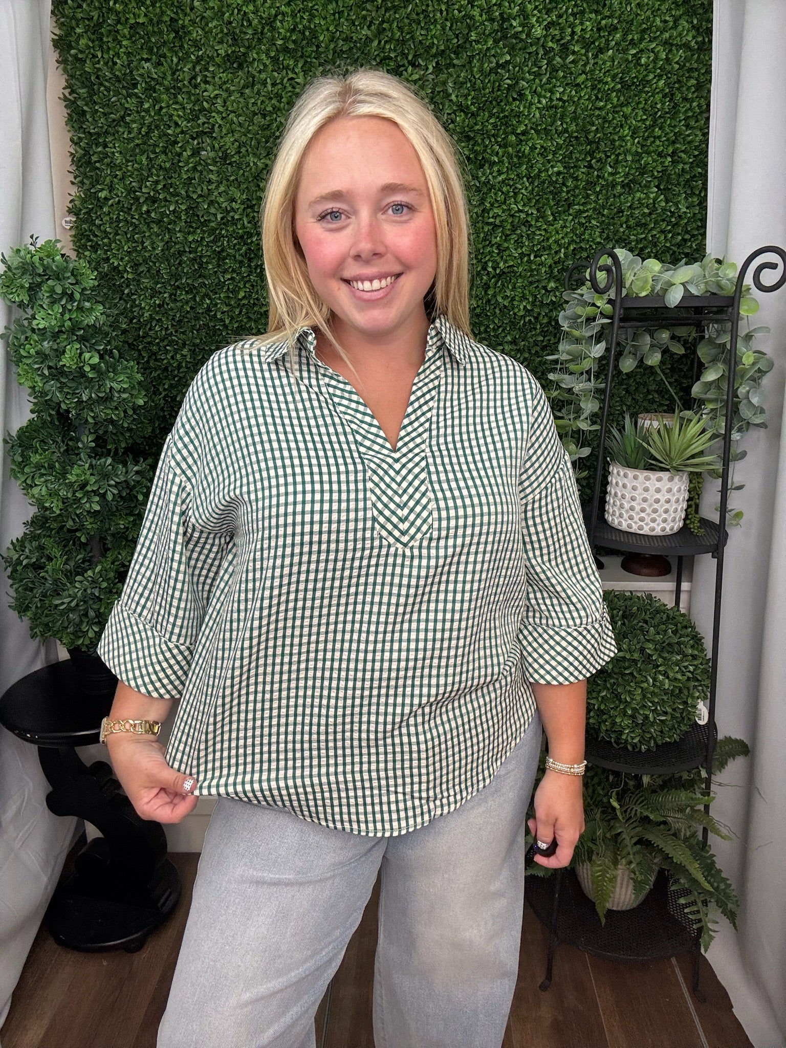 GINGHAM COLLARED TOP - HUNTER GREEN