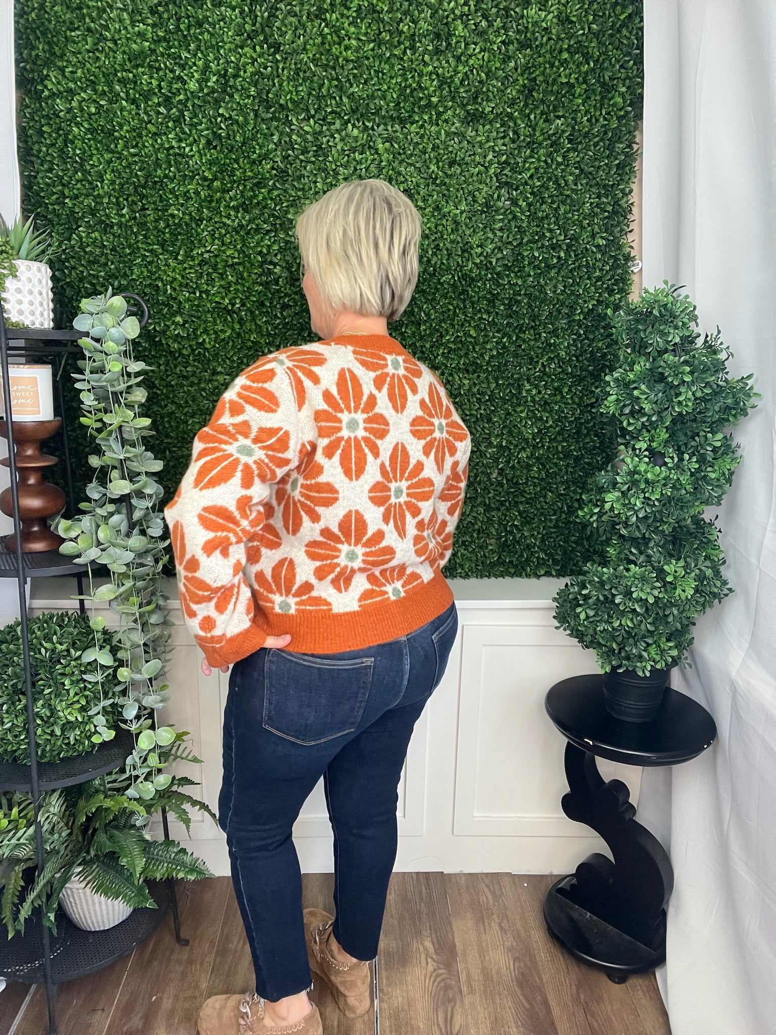 PATTERNED KNIT BUTTON FRONT JACKET - RUST