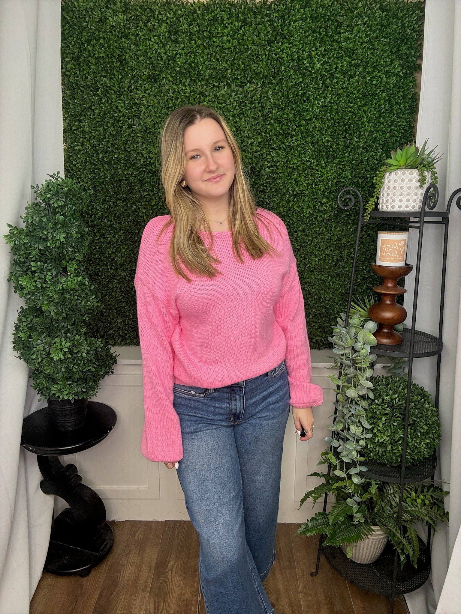 LOVE BACKLESS BUBBLE SLEEVE BACK BOW SWEATER - PINK