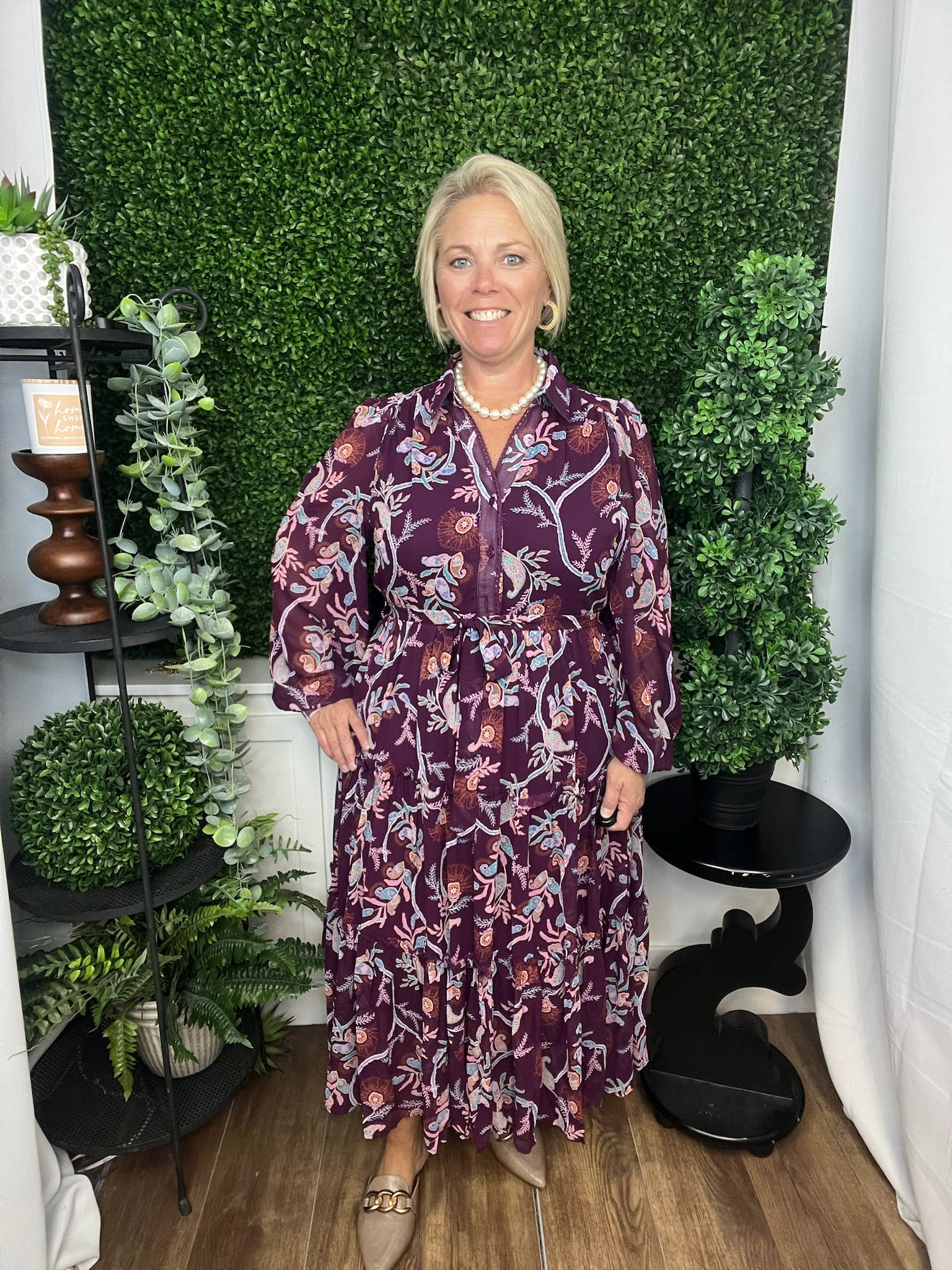 PAISLEY PRINT COLLAR NECK DRESS - PLUM