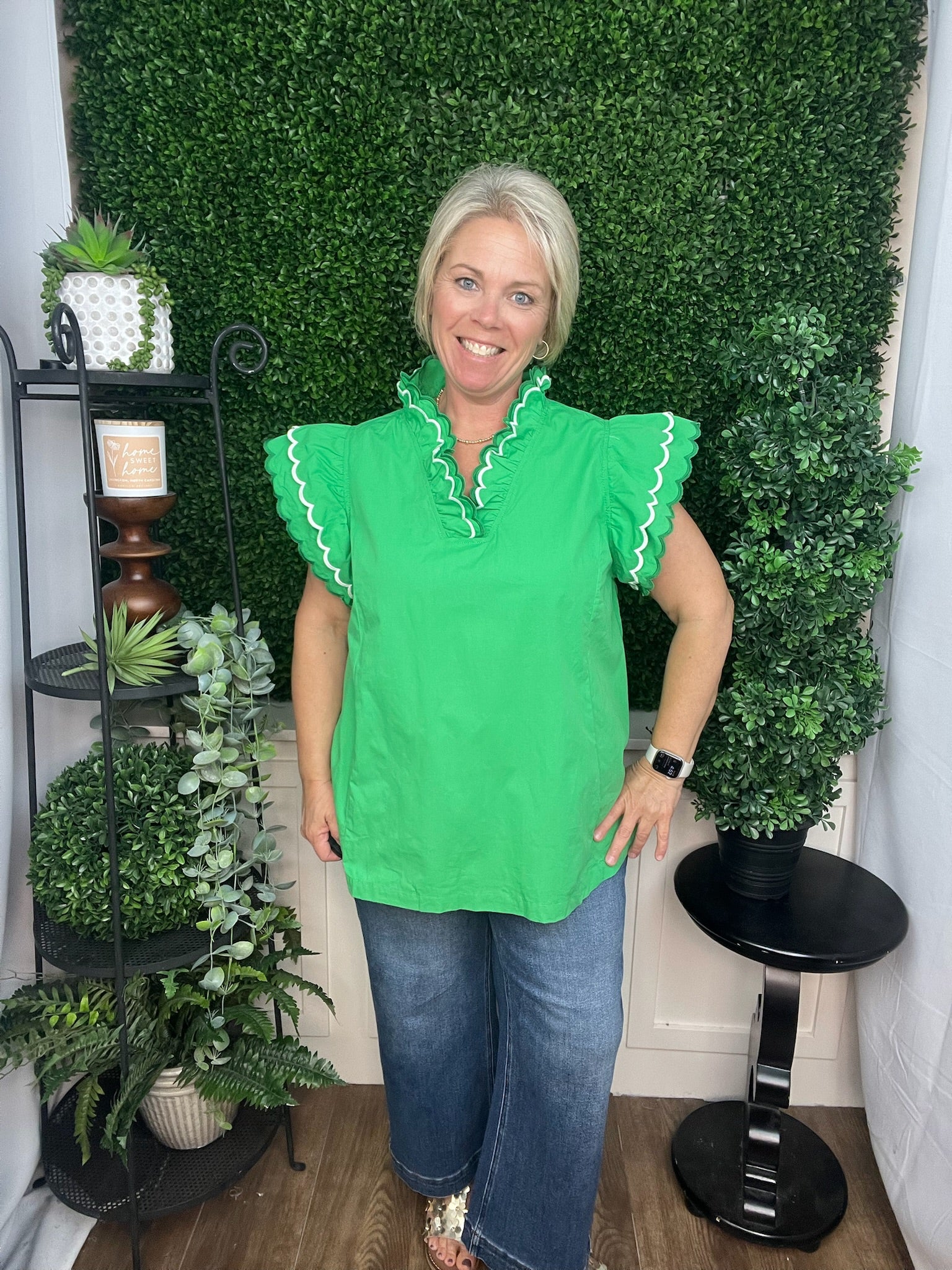 Scallop Trim Flutter Sleeve Blouse