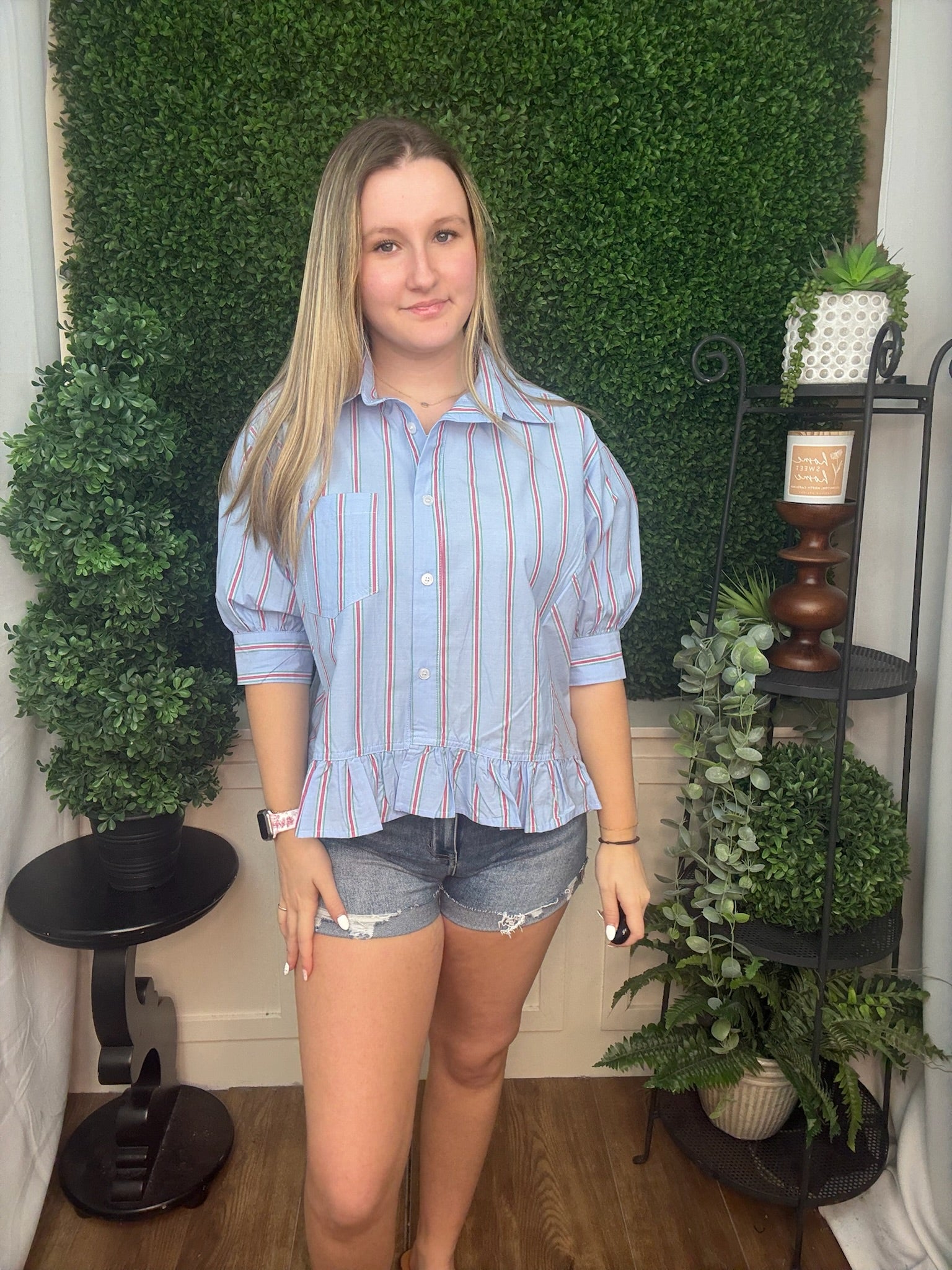 Skyline Stripe Ruffle Hem Blouse