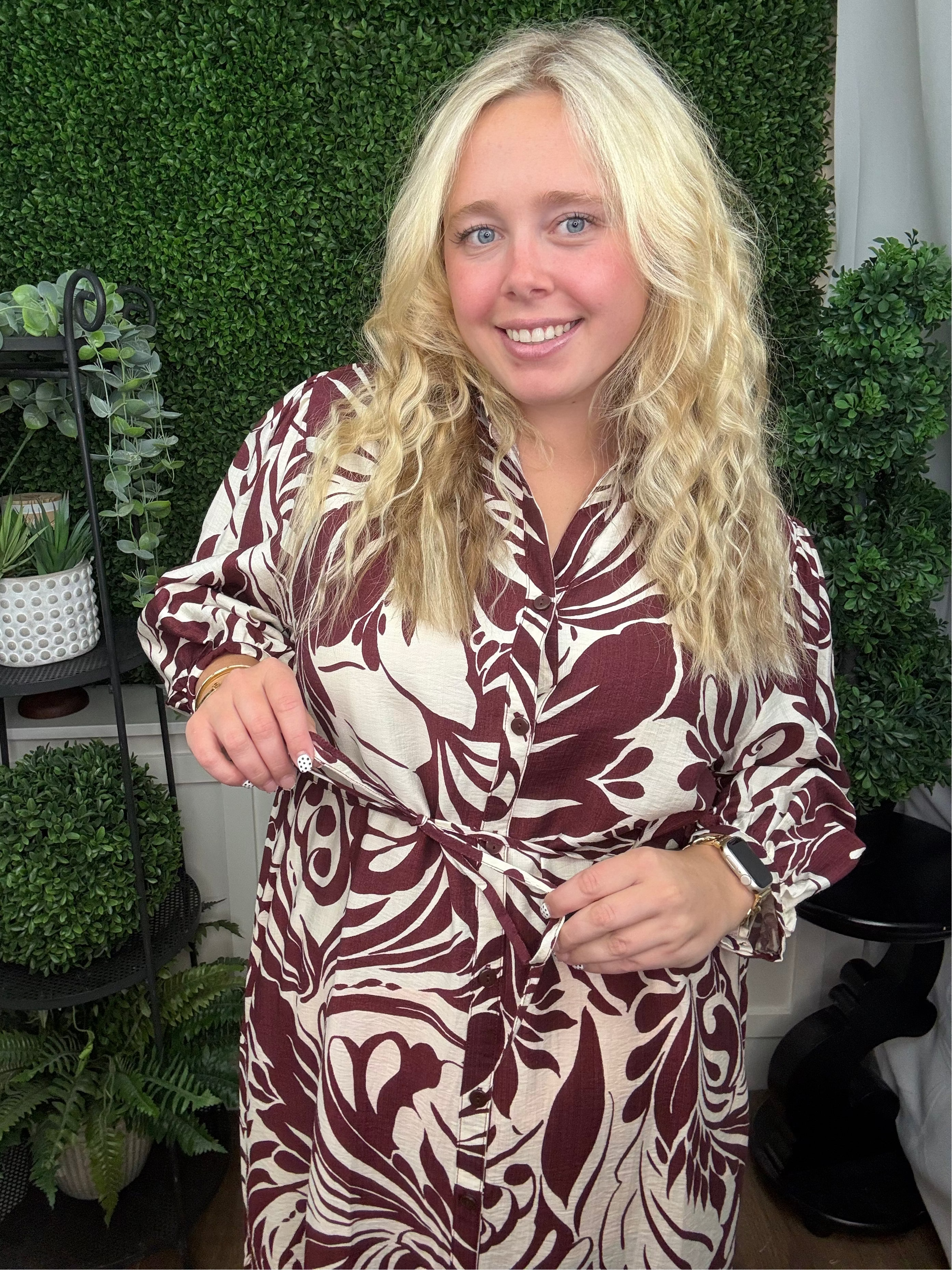 LINIQUE 3/4 BALLOON SLEEVE LEAF BUTTON DOWN DRESS - WINE