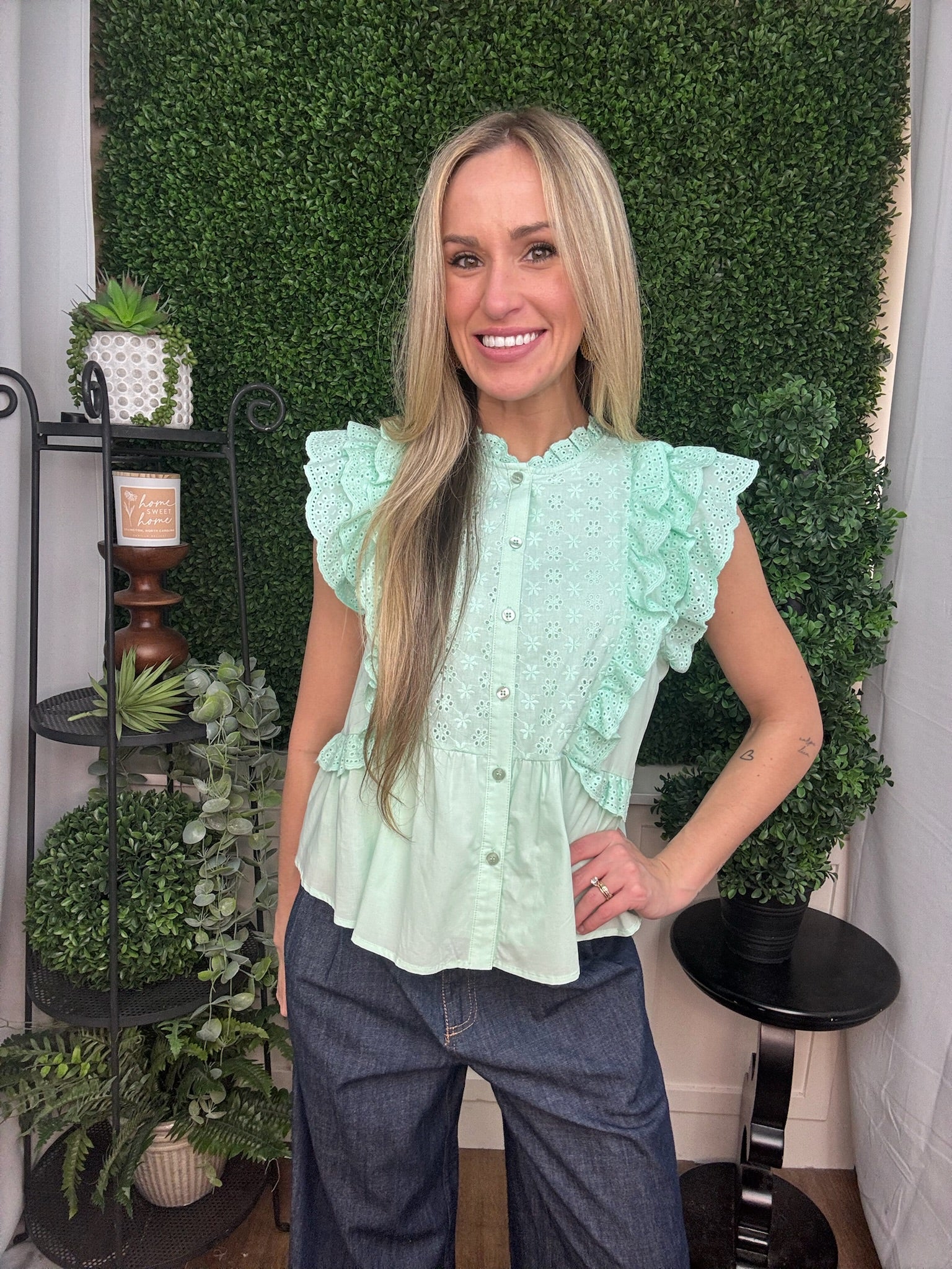 Mint Eyelet Ruffle Sleeve Blouse